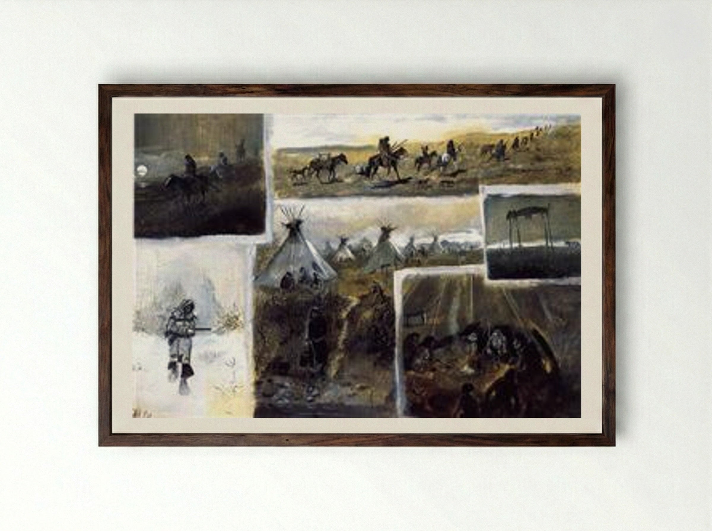 Western Montage - Charles M. Russell - Framed Print Dark Wood