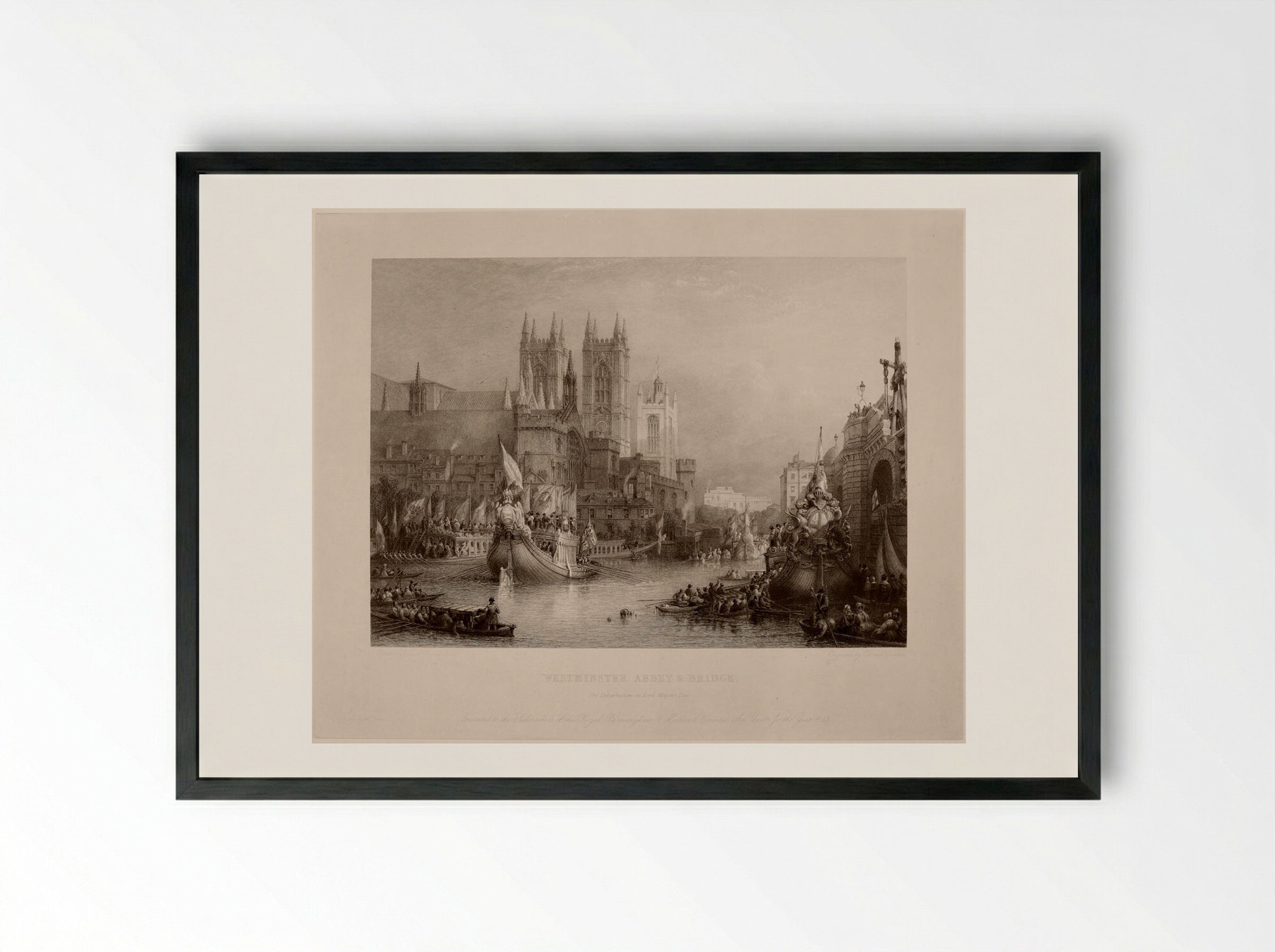 Westminster Abbey and Bridge: The Embarkation on Lord Mayor's Day - Edward Goodall - Framed Print Black
