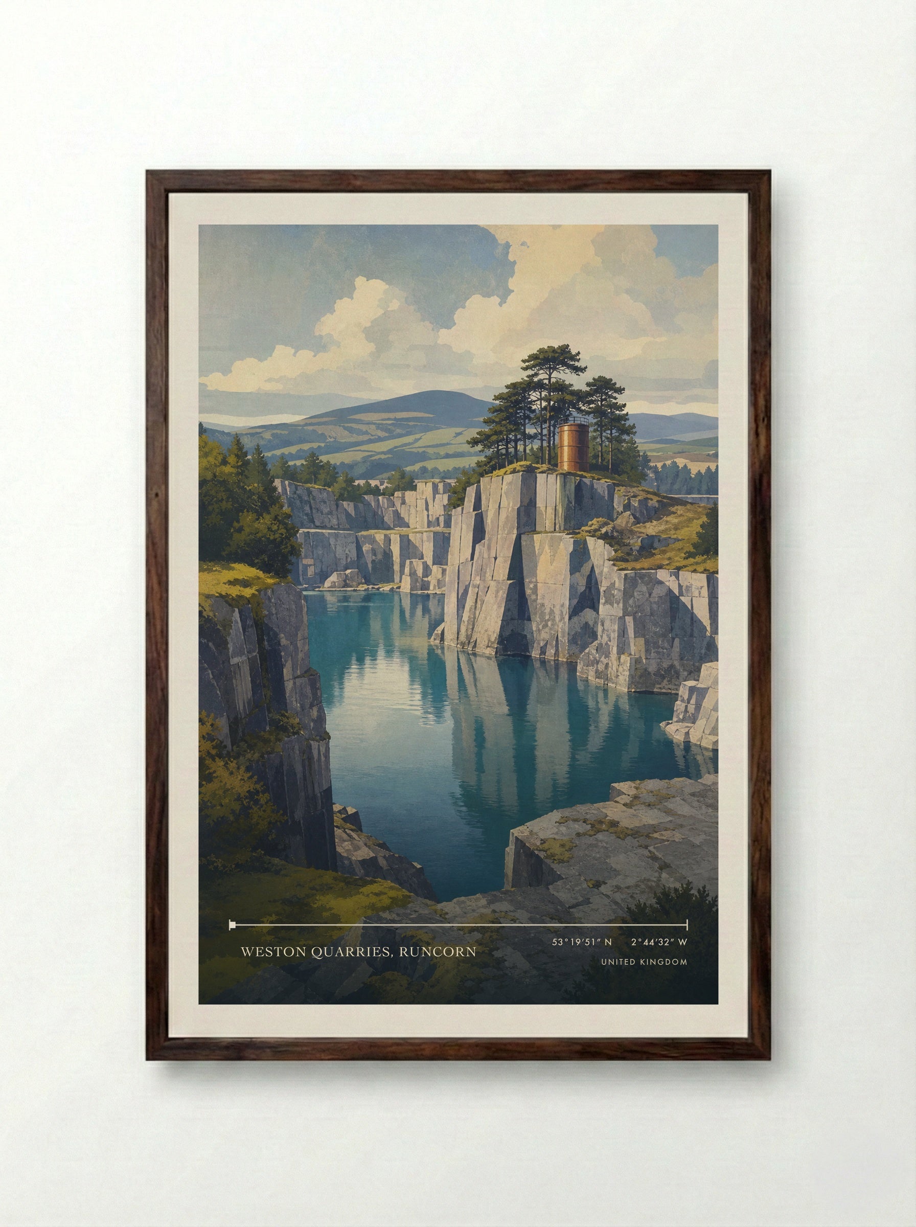 Weston Quarries, Runcorn United Kingdom Travel Poster - Framed Print Dark Wood