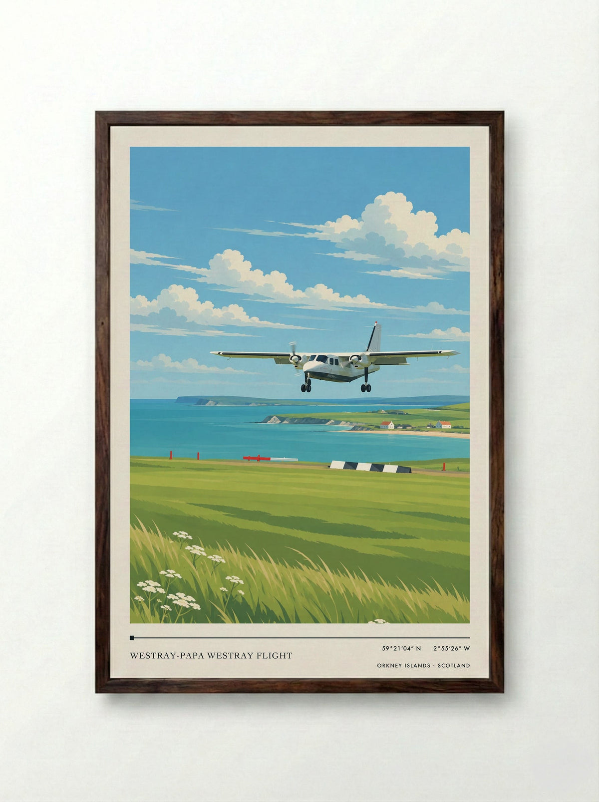 Westray-Papa Westray Flight, Orkney Islands | Travel Poster - Framed Print Dark Wood