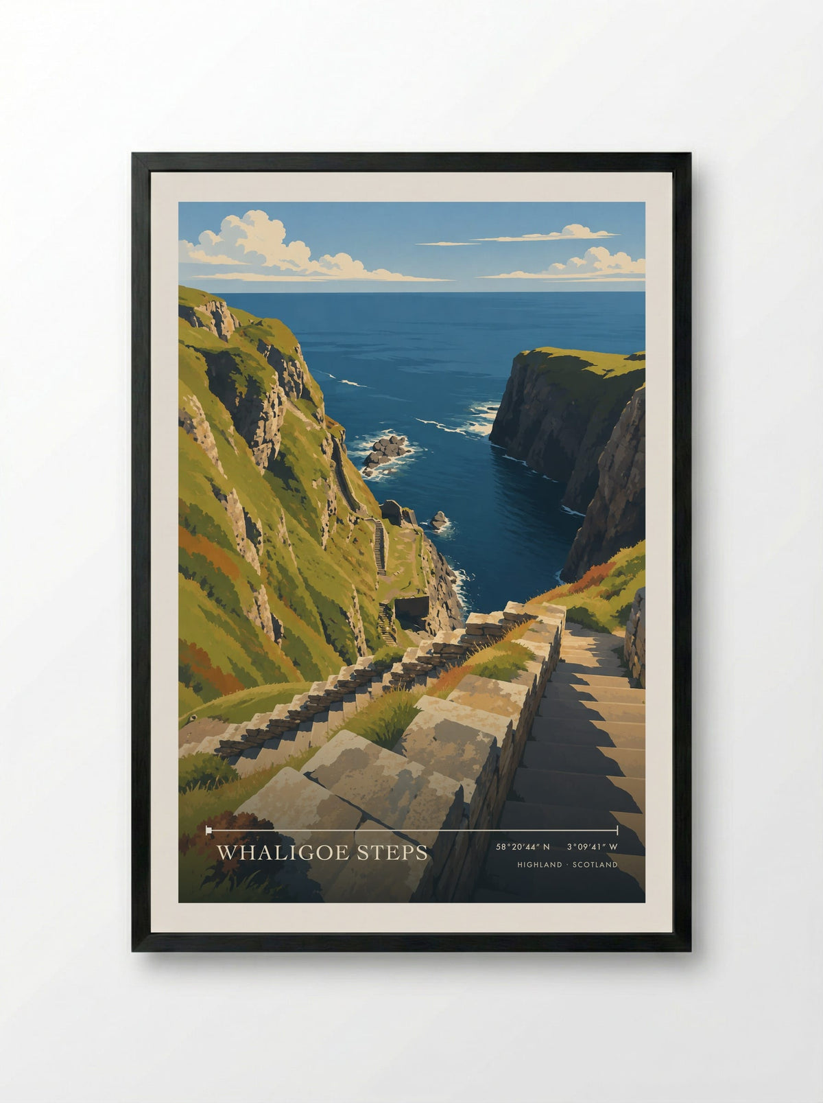 Whaligoe Steps, Highland | Travel Poster - Framed Print Black
