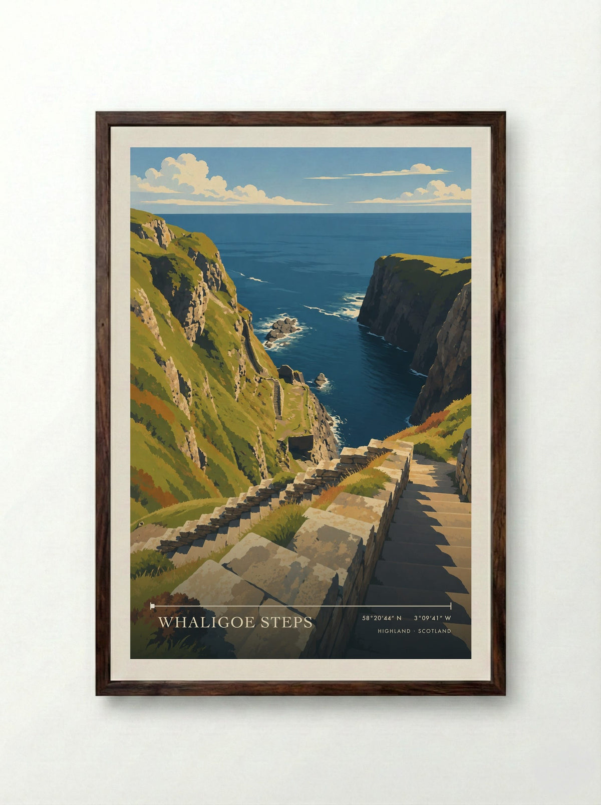Whaligoe Steps, Highland | Travel Poster - Framed Print Dark Wood