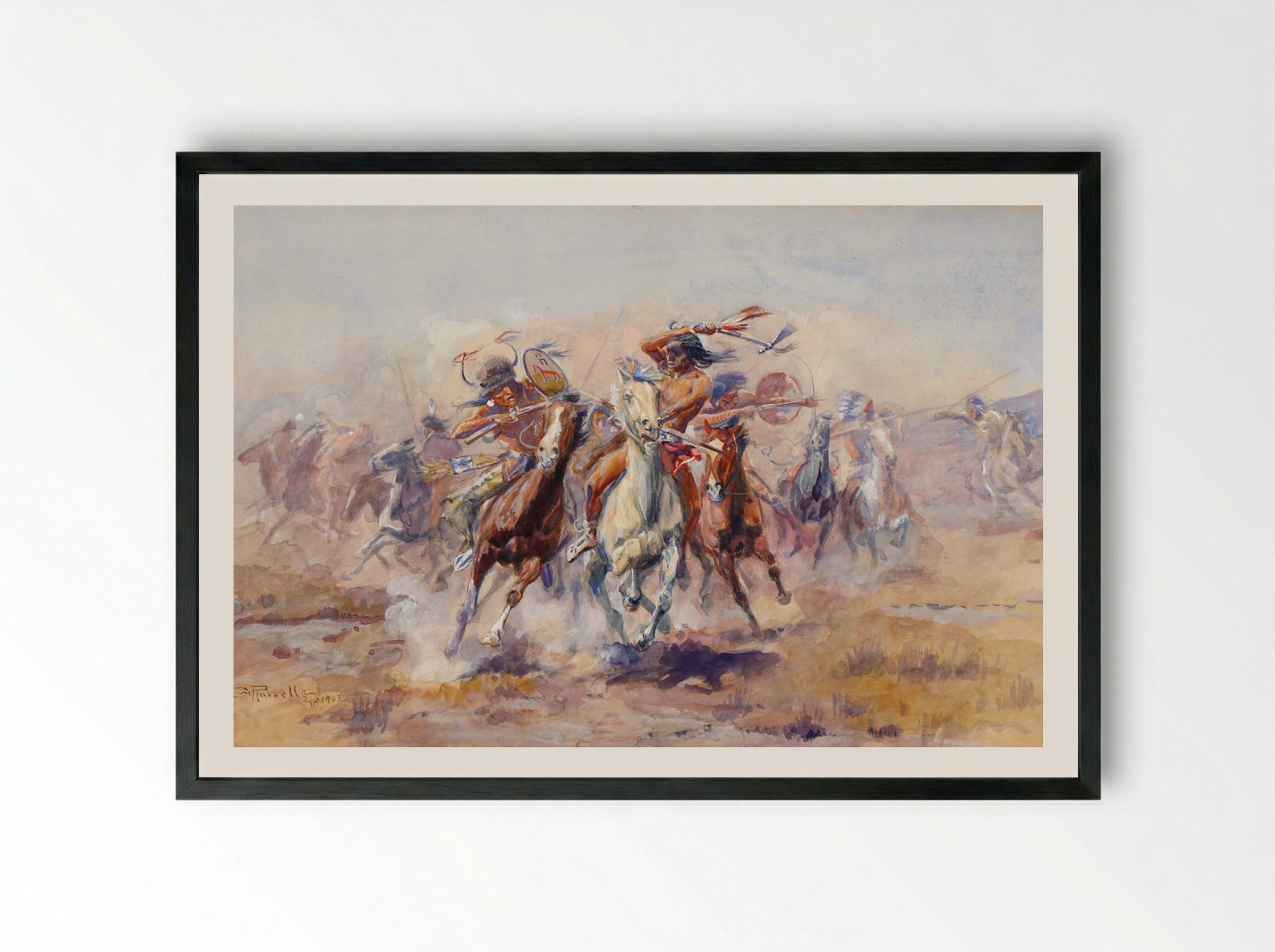 When Sioux and Blackfeet Meet - Charles M. Russell - Framed Print Black