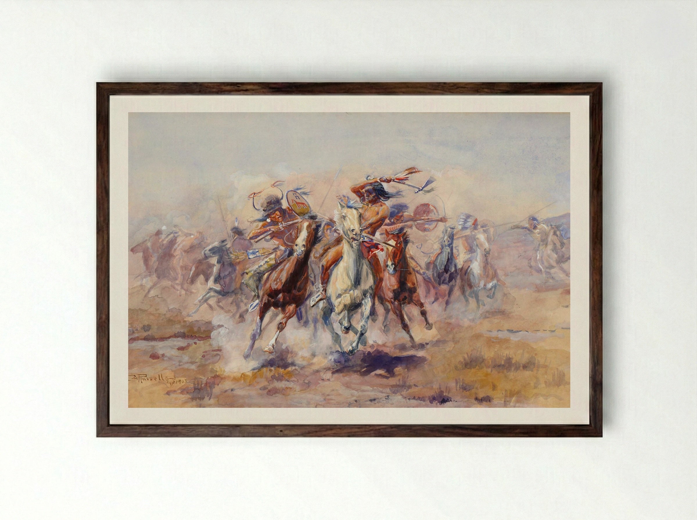 When Sioux and Blackfeet Meet - Charles M. Russell - Framed Print Dark Wood