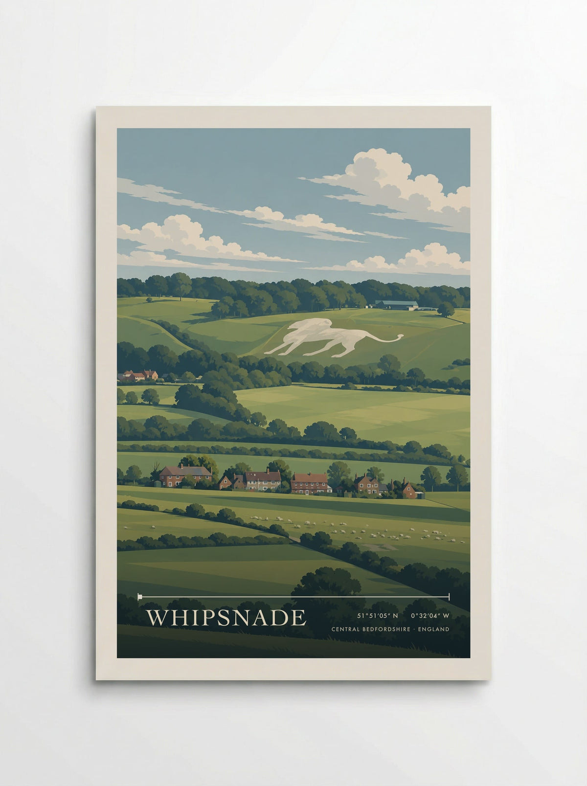 Whipsnade, Central Bedfordshire travel poster: its white chalk lion above green fields, red-roofed houses and grazing sheep beneath soft summer clouds