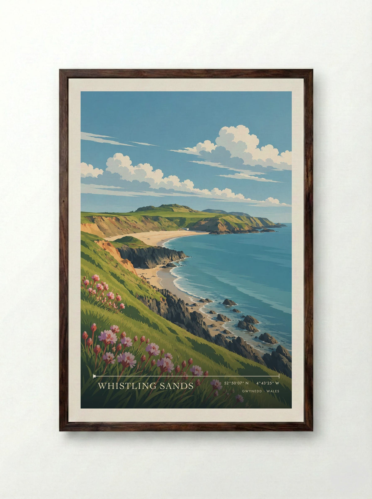 Whistling Sands, Gwynedd | Travel Poster - Framed Print Dark Wood