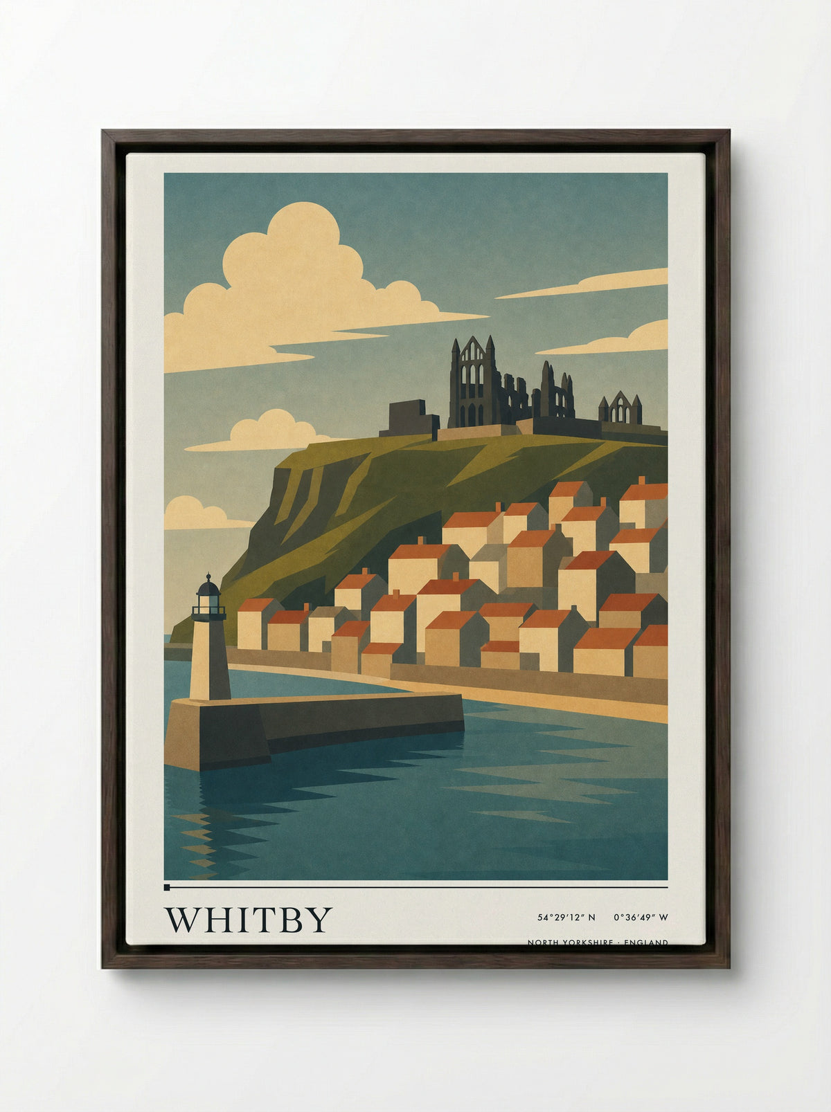 Whitby Yorkshire Travel Poster - Framed Canvas Dark Wood