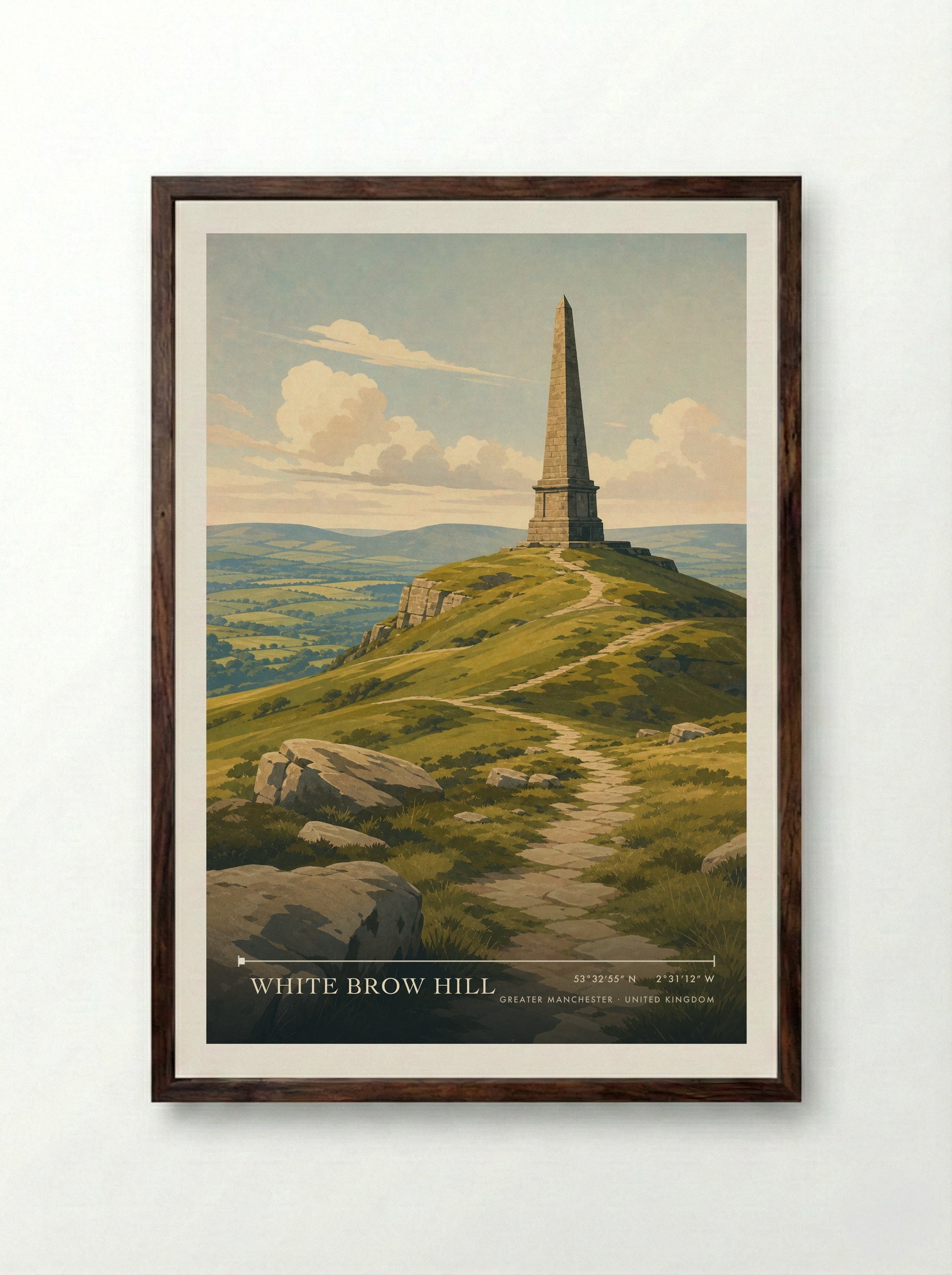 White Brow Hill Greater Manchester United Kingdom Travel Poster - Framed Print Dark Wood