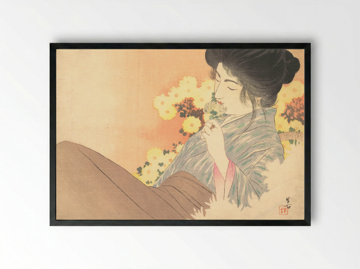 White Chrysanthemums (Kiku no Kaori) - Kajita Hanko - Framed Print Black