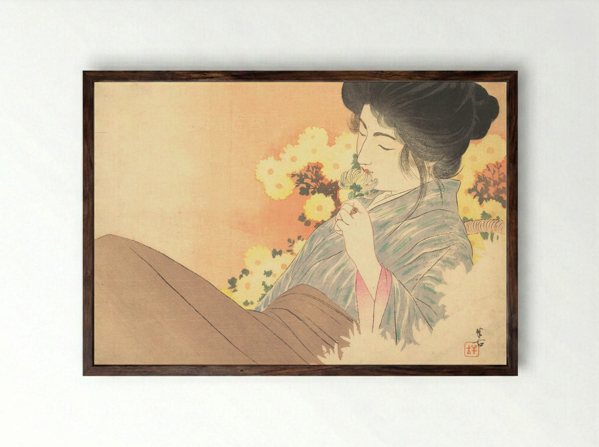 White Chrysanthemums (Kiku no Kaori) - Kajita Hanko - Framed Print Dark Wood