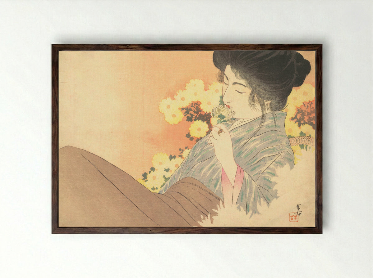 White Chrysanthemums (Kiku no Kaori) - Kajita Hanko - Framed Print Dark Wood