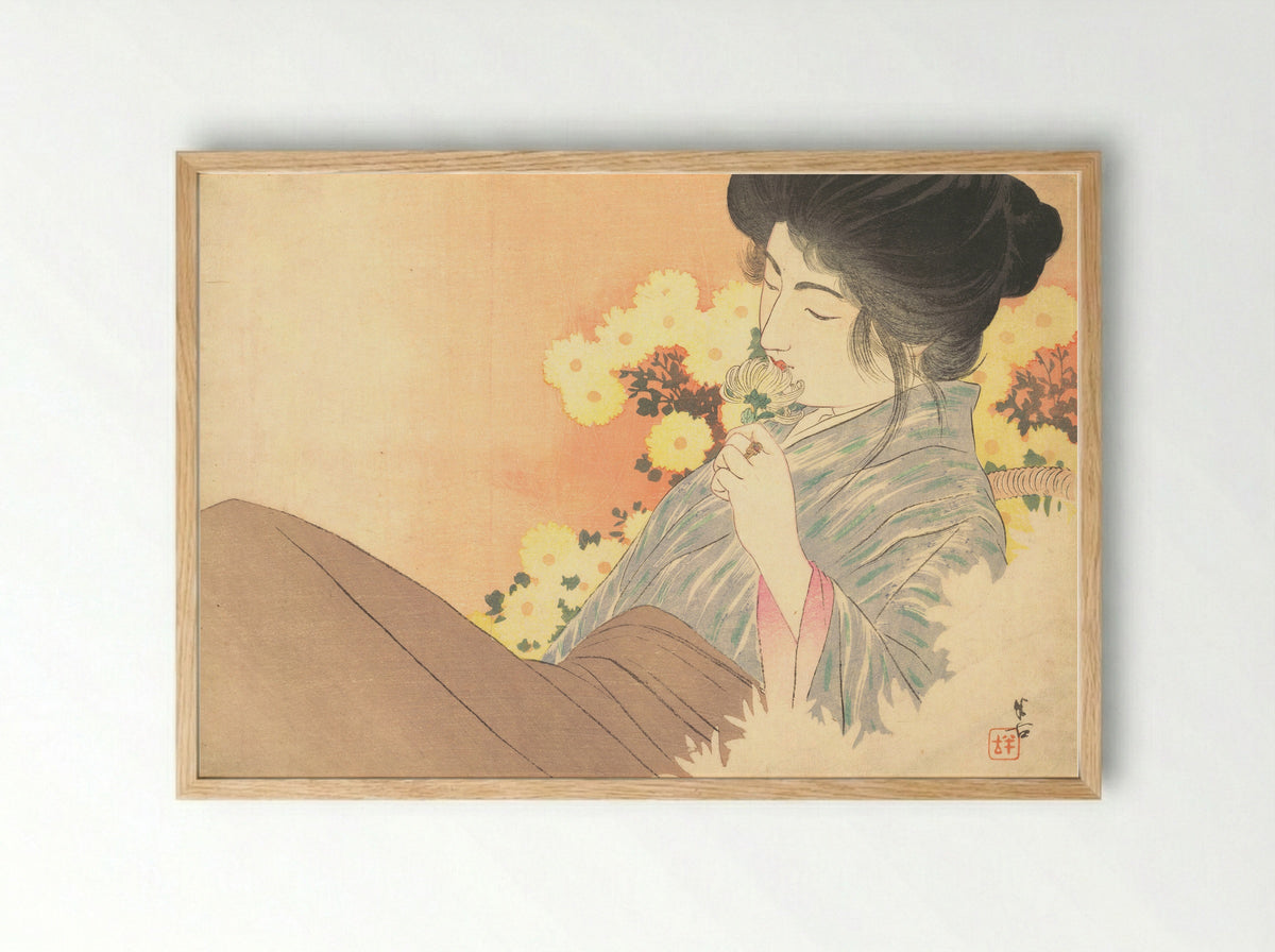 White Chrysanthemums (Kiku no Kaori) - Kajita Hanko - Framed Print Wood