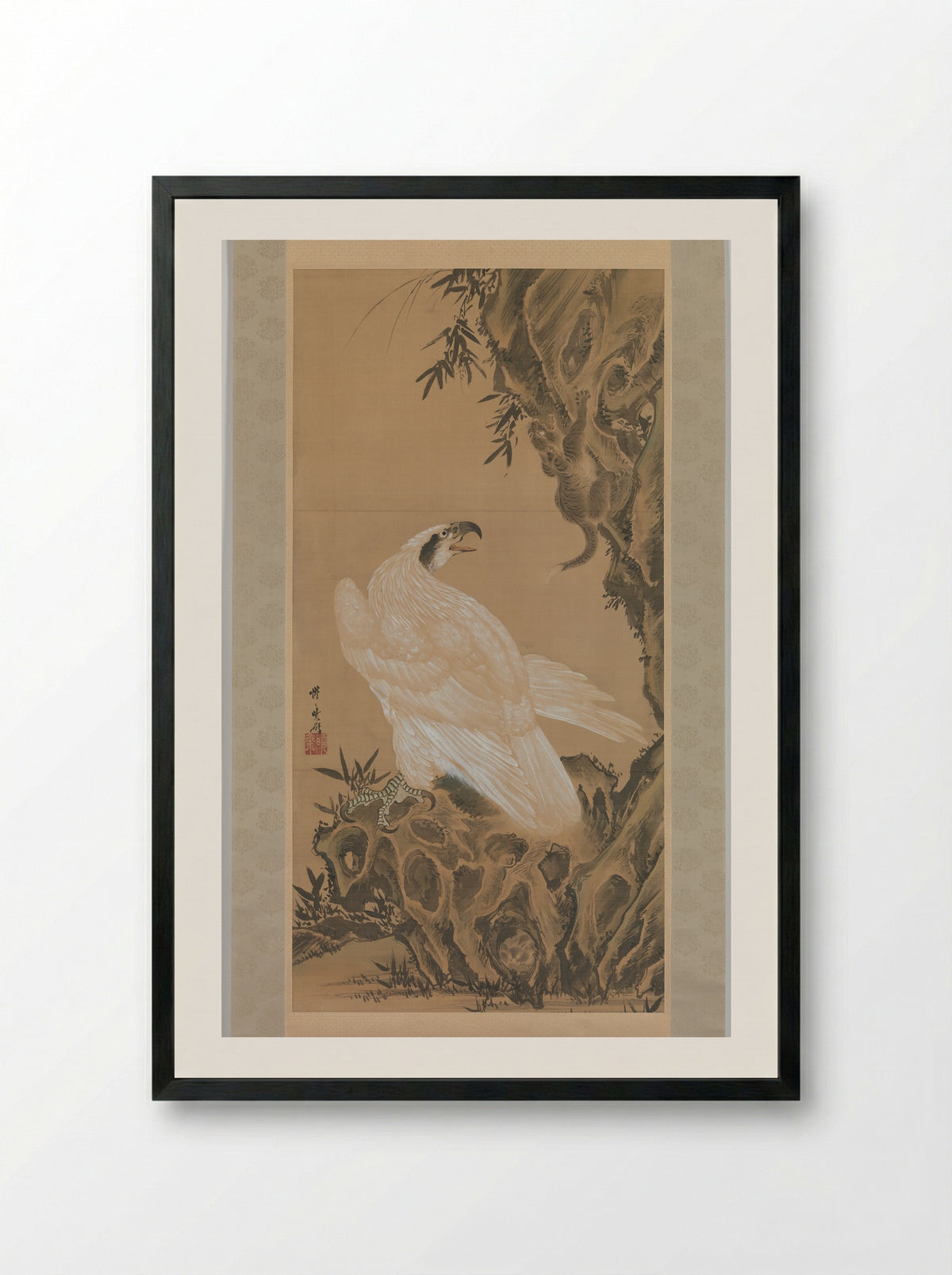 White Eagle Eyeing a Mountain Lion - Kawanabe Kyōsai - Framed Print Black