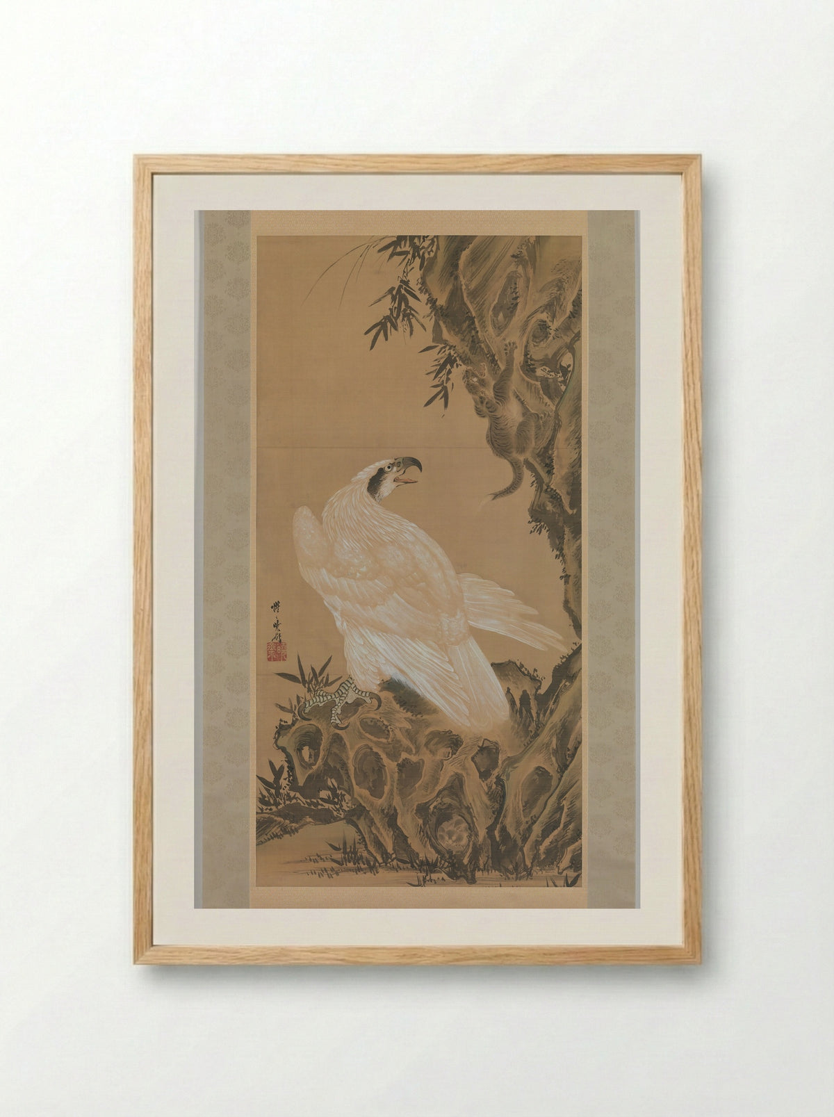 White Eagle Eyeing a Mountain Lion - Kawanabe Kyōsai - Framed Print Wood