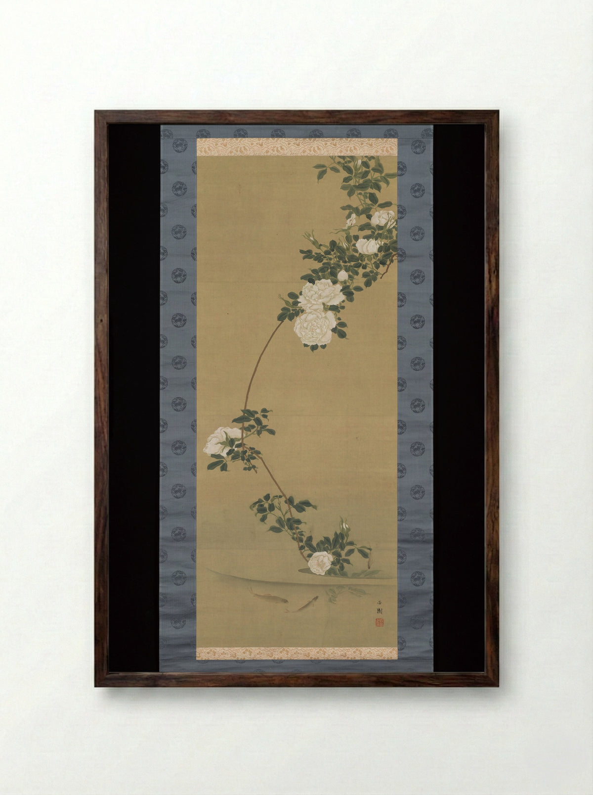 White Roses and Fish in Stream - Nishiyama Hōen - Framed Print Dark Wood