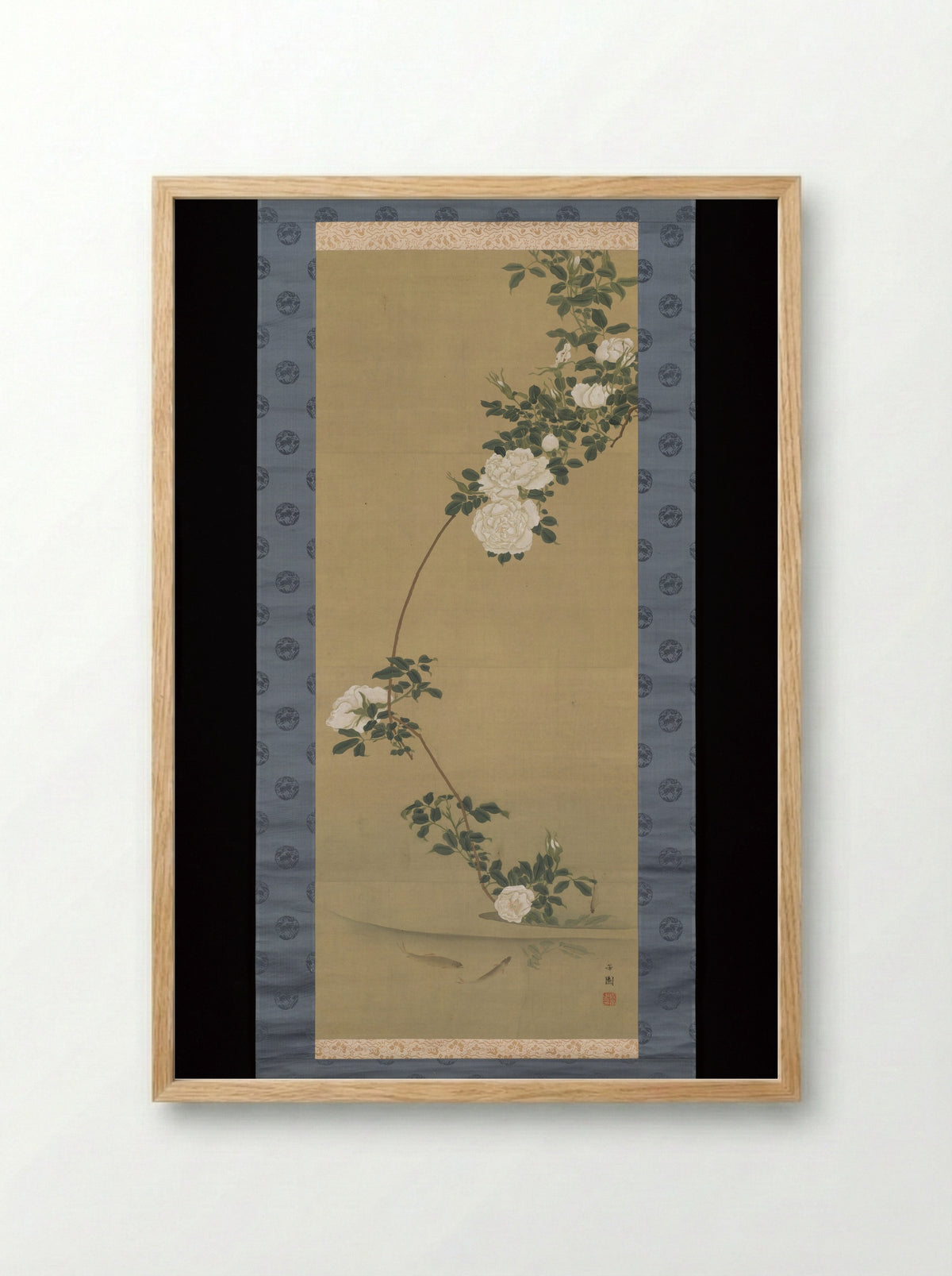 White Roses and Fish in Stream - Nishiyama Hōen - Framed Print Wood