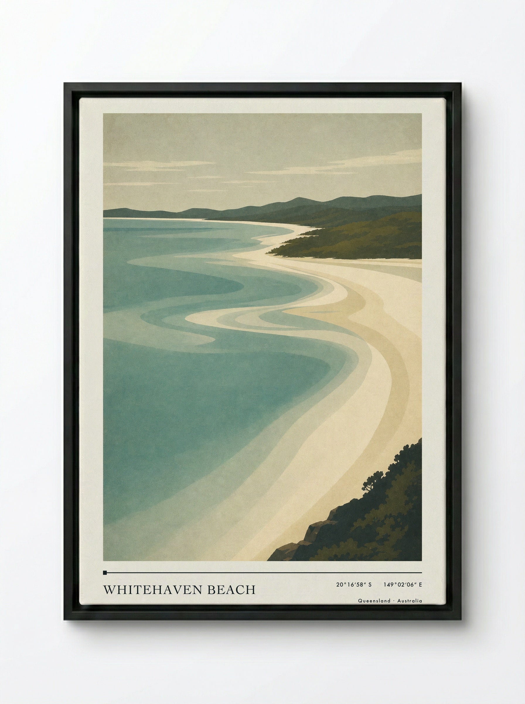 Whitehaven Beach Travel Poster Artwork - Framed Canvas Black