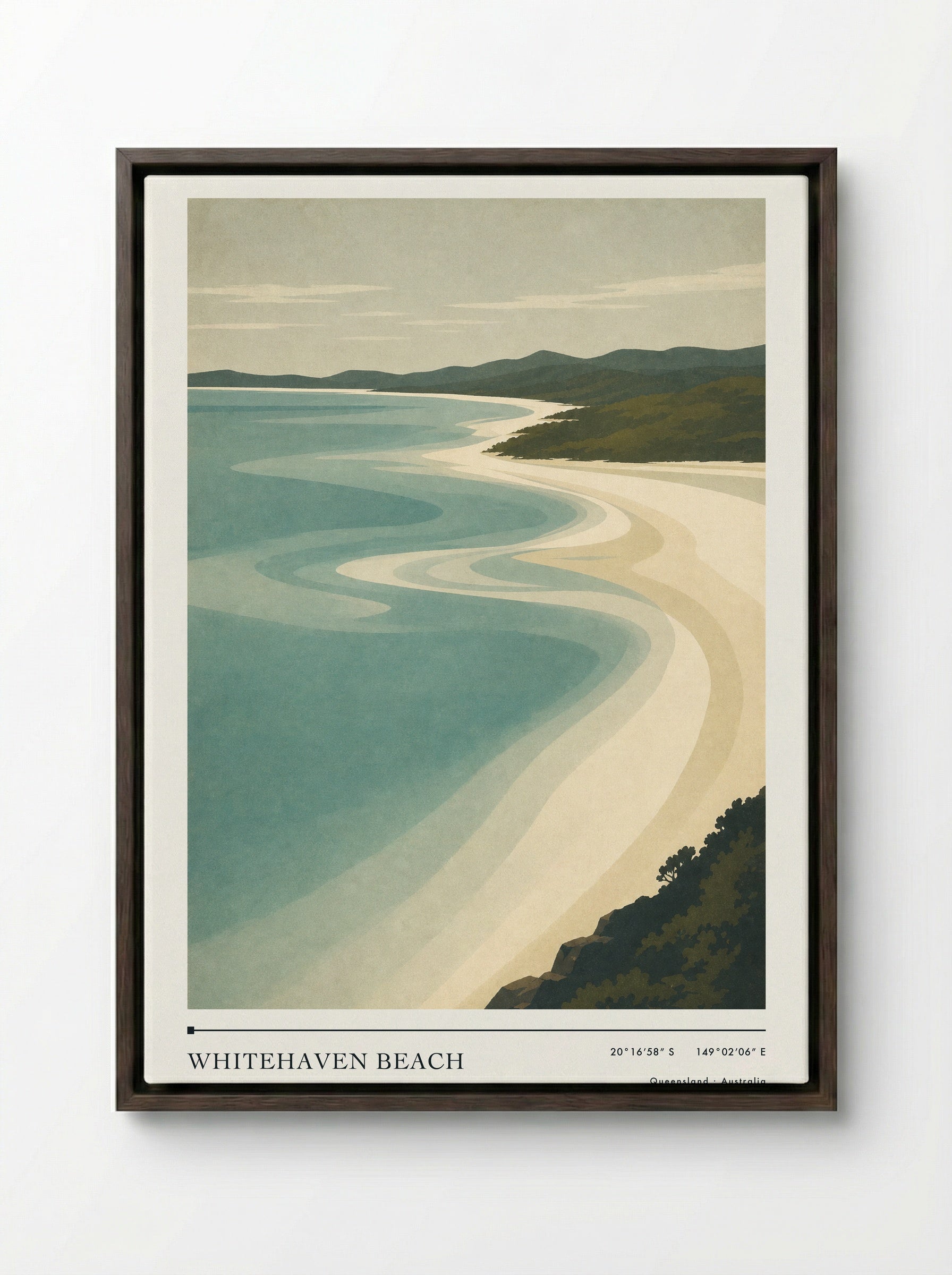 Whitehaven Beach Travel Poster Artwork - Framed Canvas Dark Wood