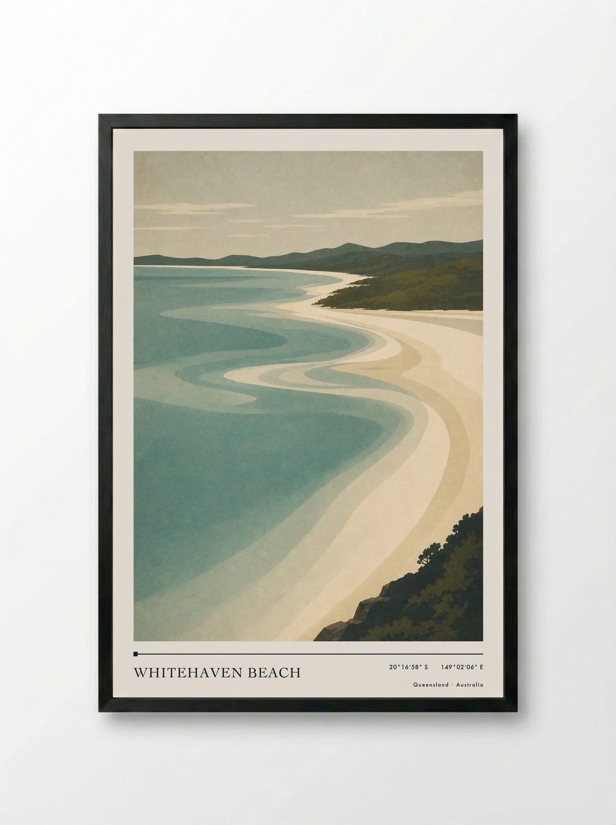 Whitehaven Beach Travel Poster Artwork - Framed Print Black