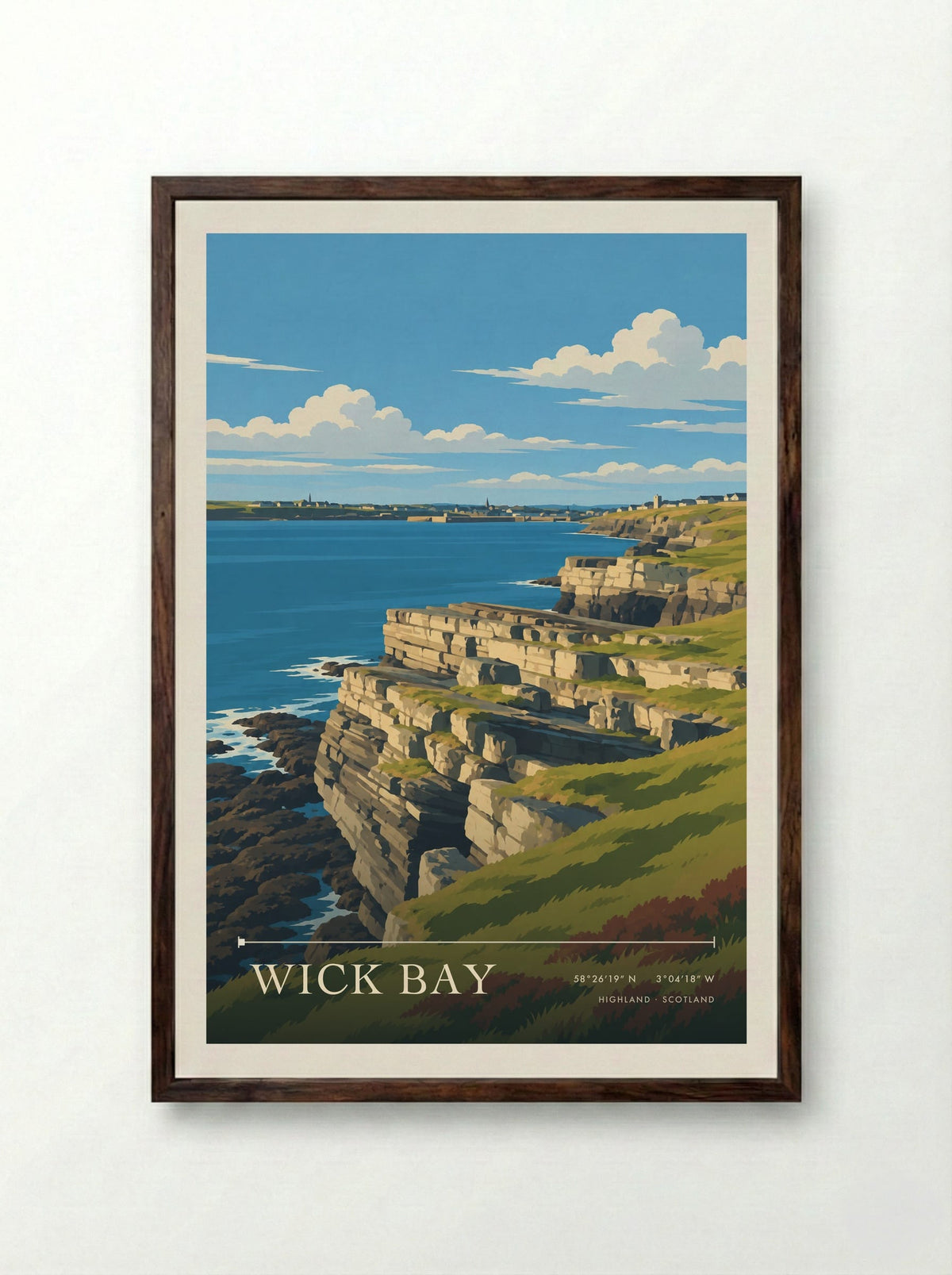 Wick Bay, Highland | Travel Poster - Framed Print Dark Wood