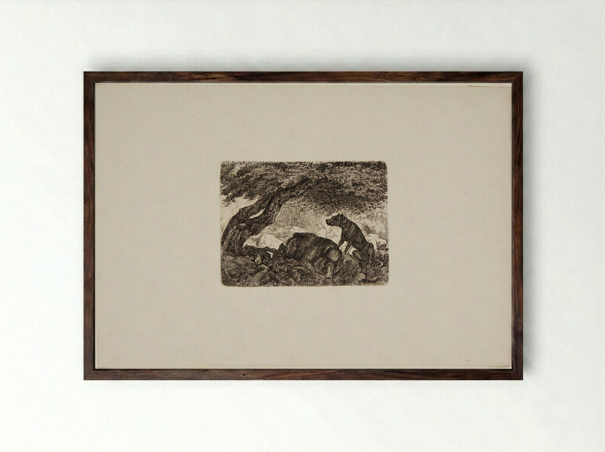 Wild Boar and Dog - Friedrich Anton Wolff - Framed Print Dark Wood