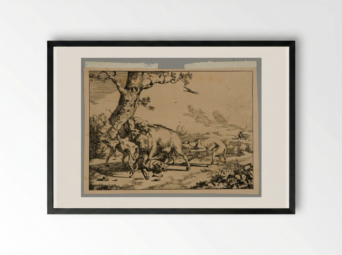 Wild Boar and Dogs - Marcus de Bye - Framed Print Black