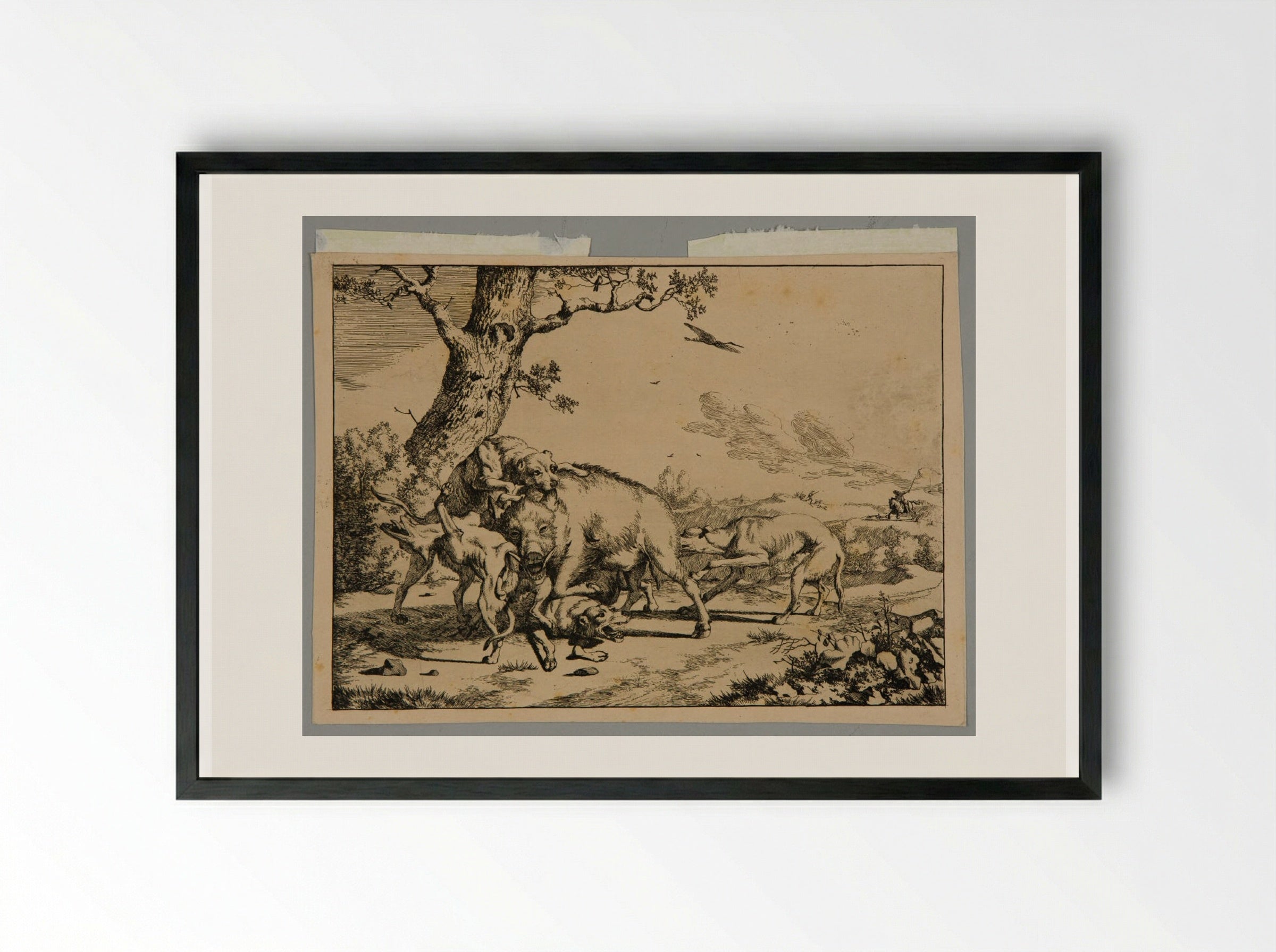 Wild Boar and Dogs - Marcus de Bye - Framed Print Black