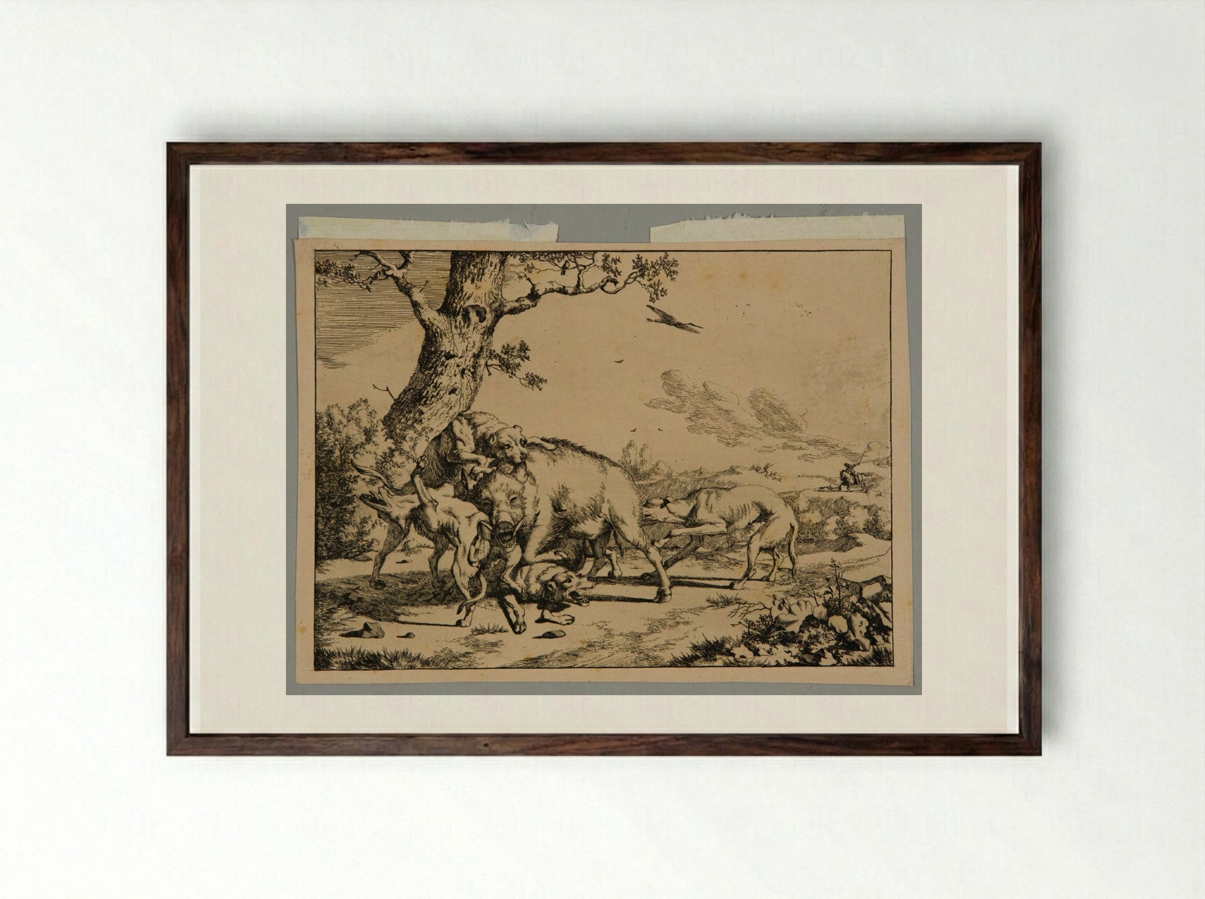 Wild Boar and Dogs - Marcus de Bye - Framed Print Dark Wood