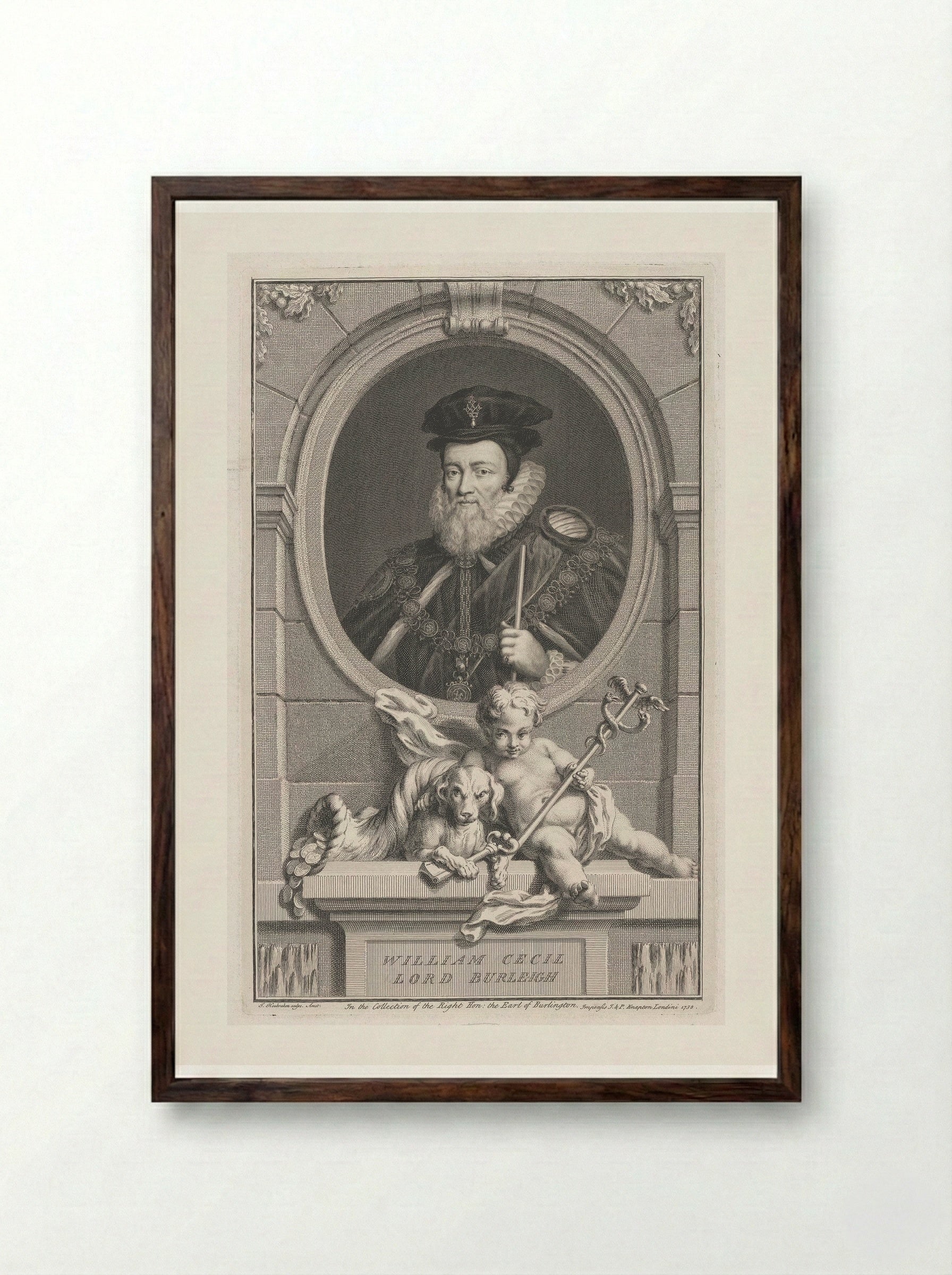 William Cecil, 1st Baron Burghley - Jacobus Houbraken - Framed Print Dark Wood