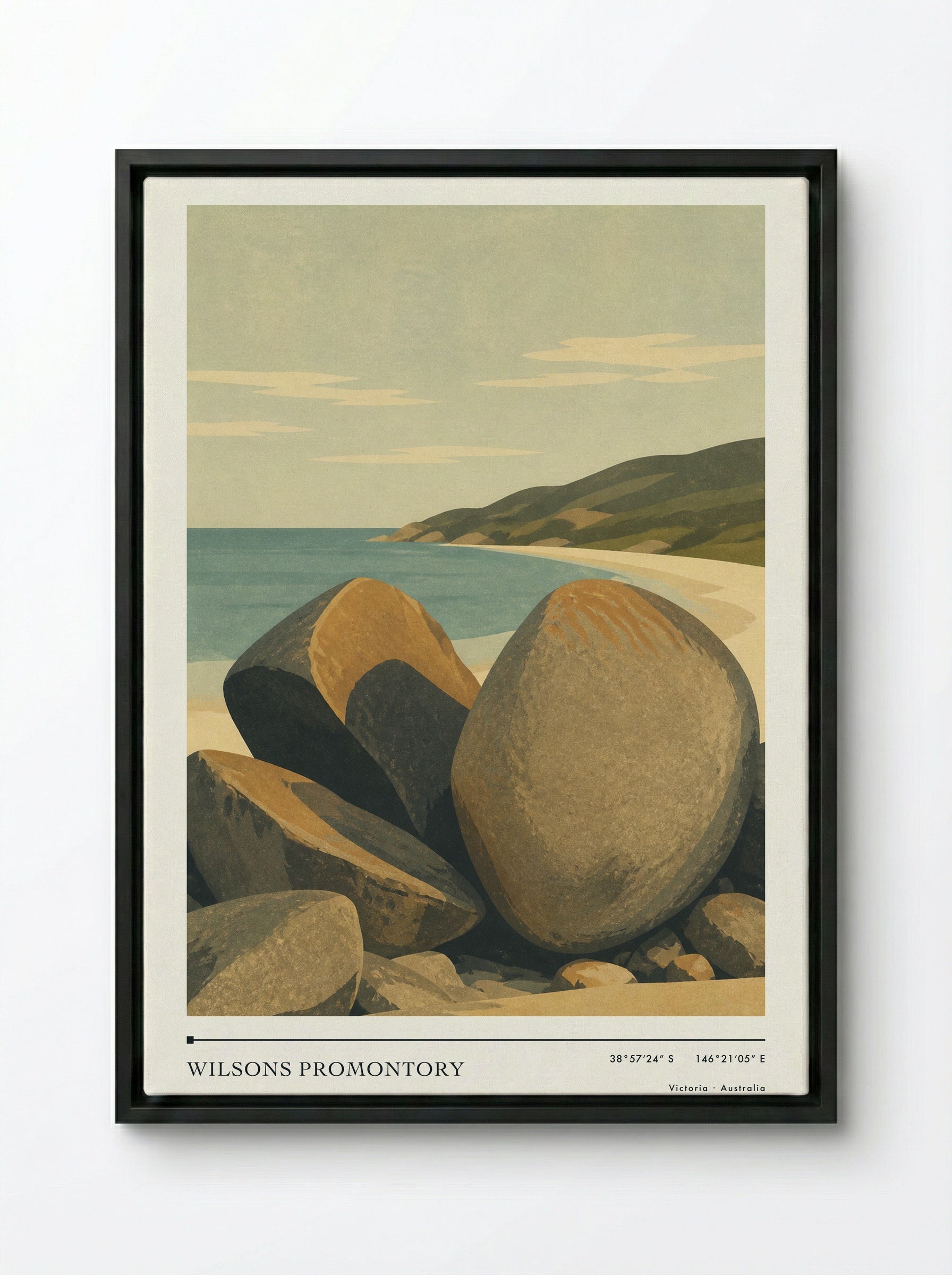 Wilsons Promontory Travel Poster Artwork - Framed Canvas Black