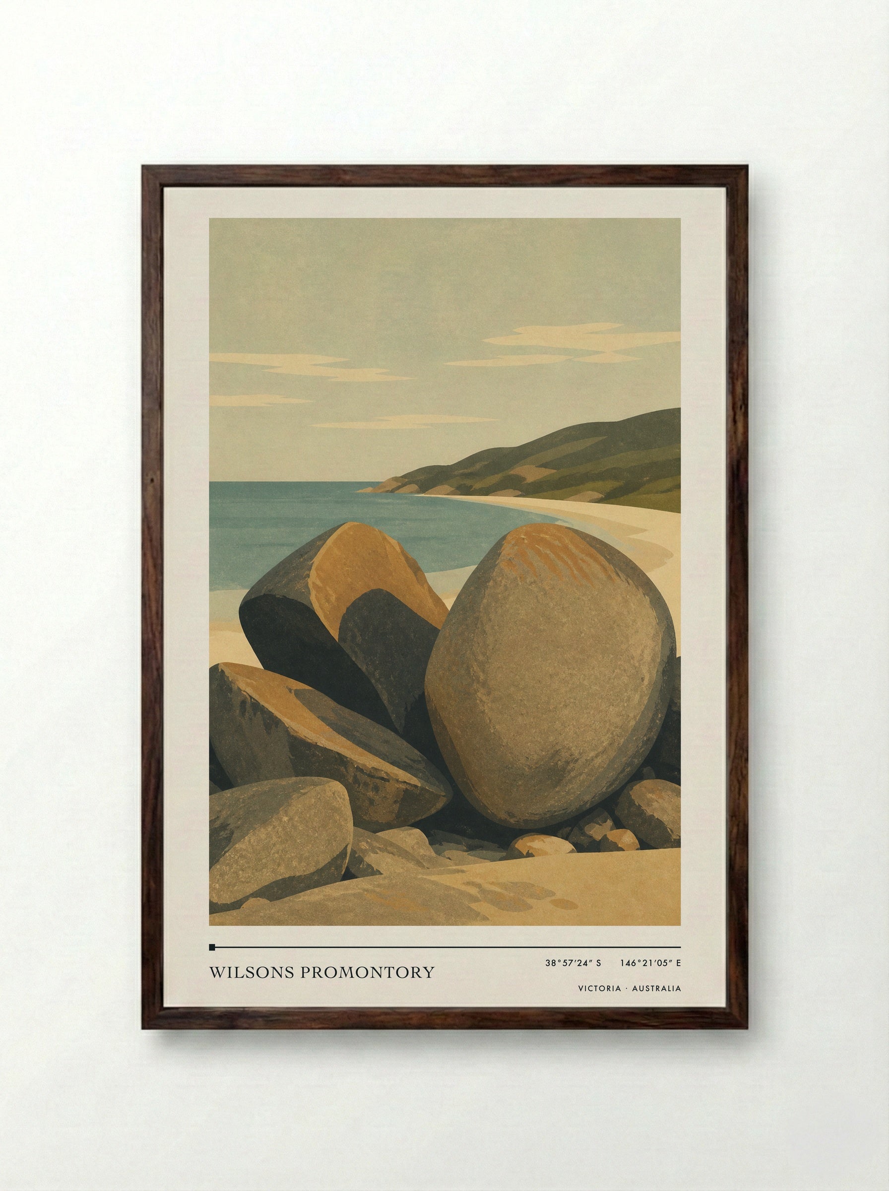 Wilsons Promontory Travel Poster Artwork - Framed Print Dark Wood