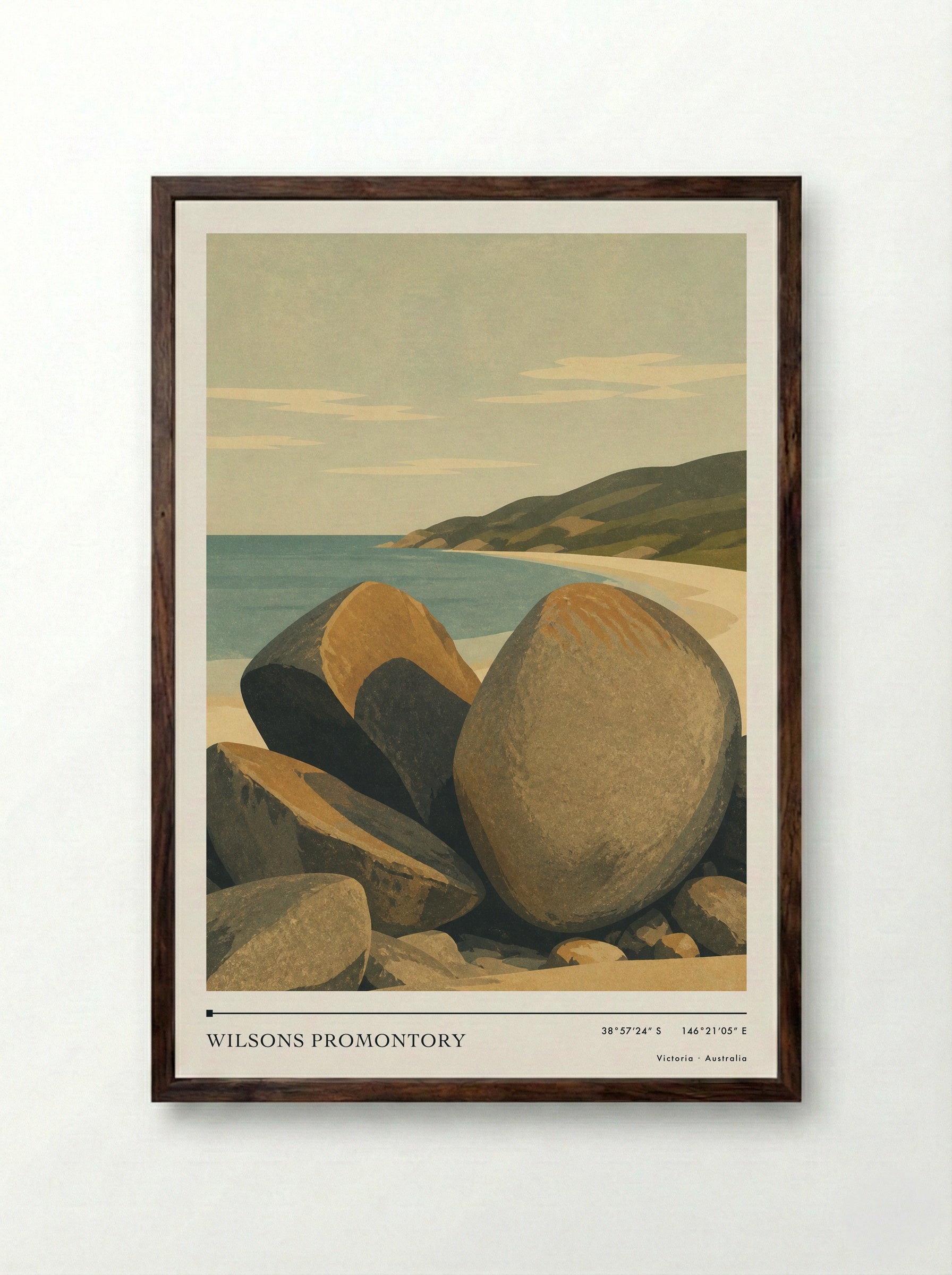 Wilsons Promontory Travel Poster Artwork - Framed Print Dark Wood