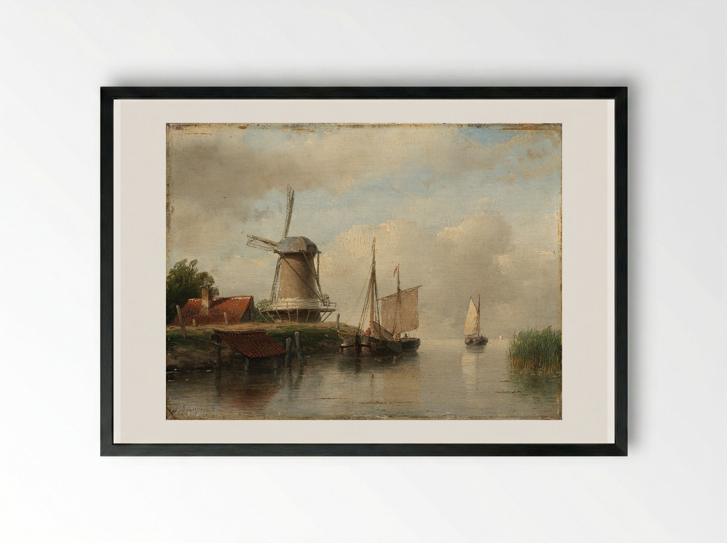 Windmill by a Waterway - Andreas Schelfhout - Framed Print Black
