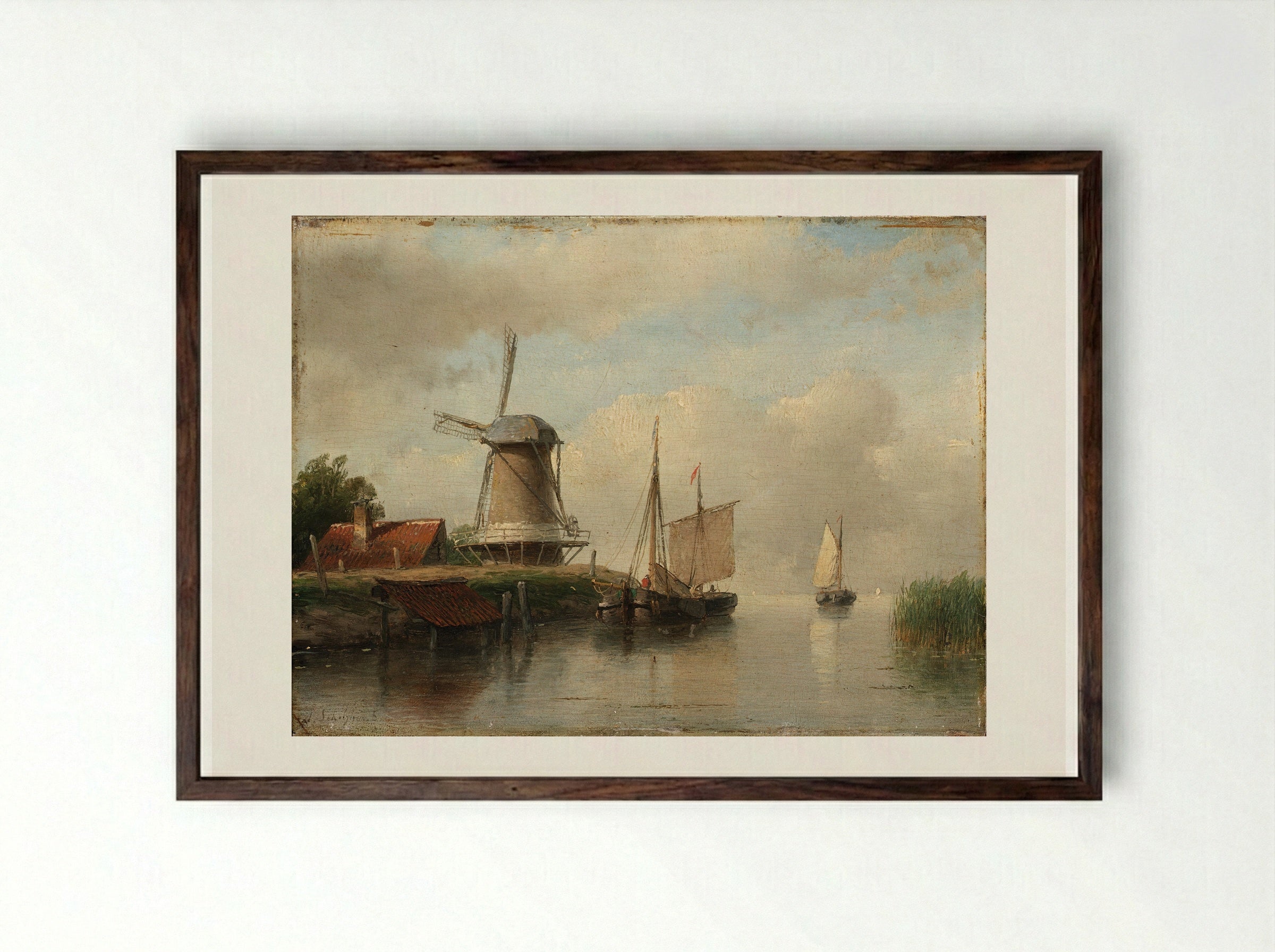 Windmill by a Waterway - Andreas Schelfhout - Framed Print Dark Wood
