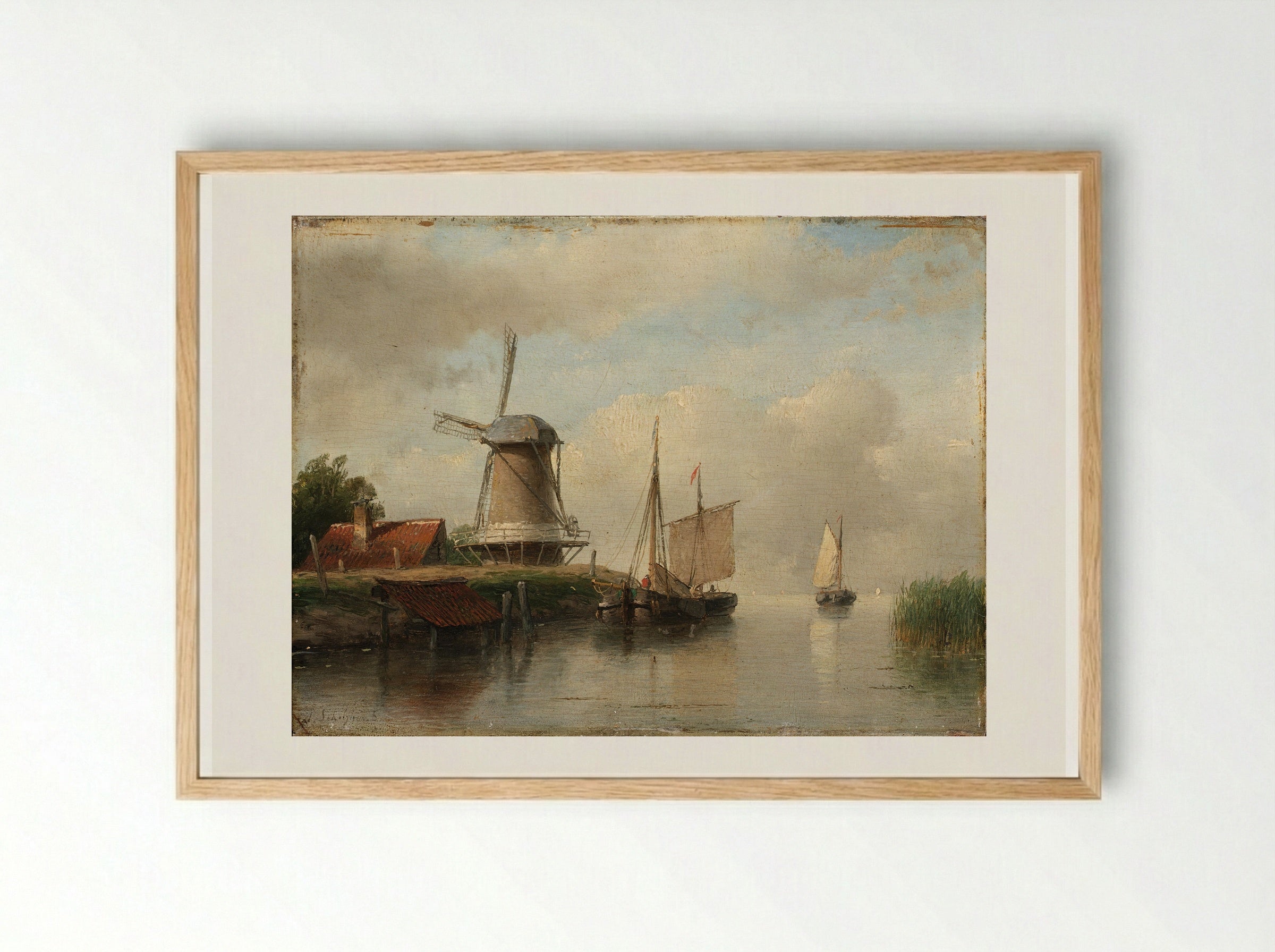 Windmill by a Waterway - Andreas Schelfhout - Framed Print Wood