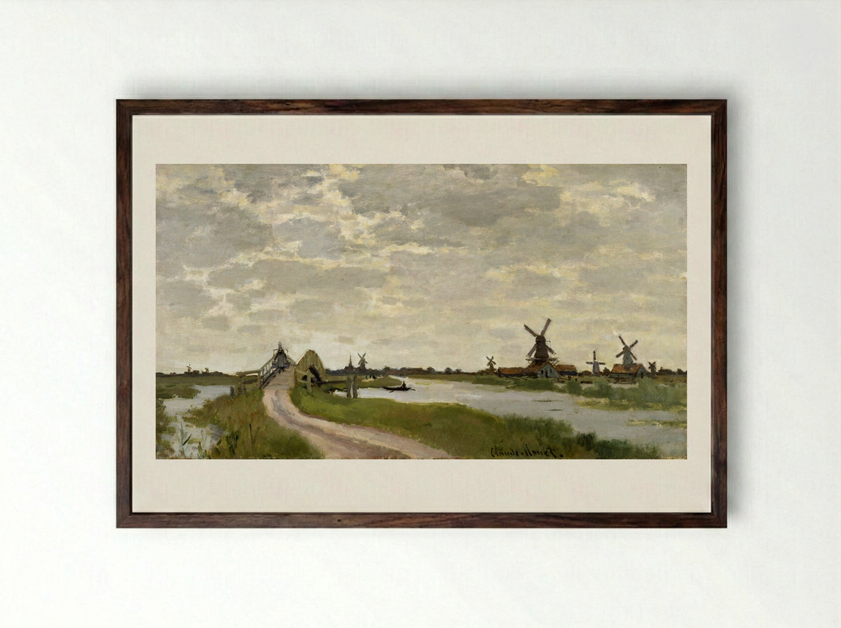 Windmills at Haaldersbroek, Zaandam - Claude Monet - Framed Print Dark Wood