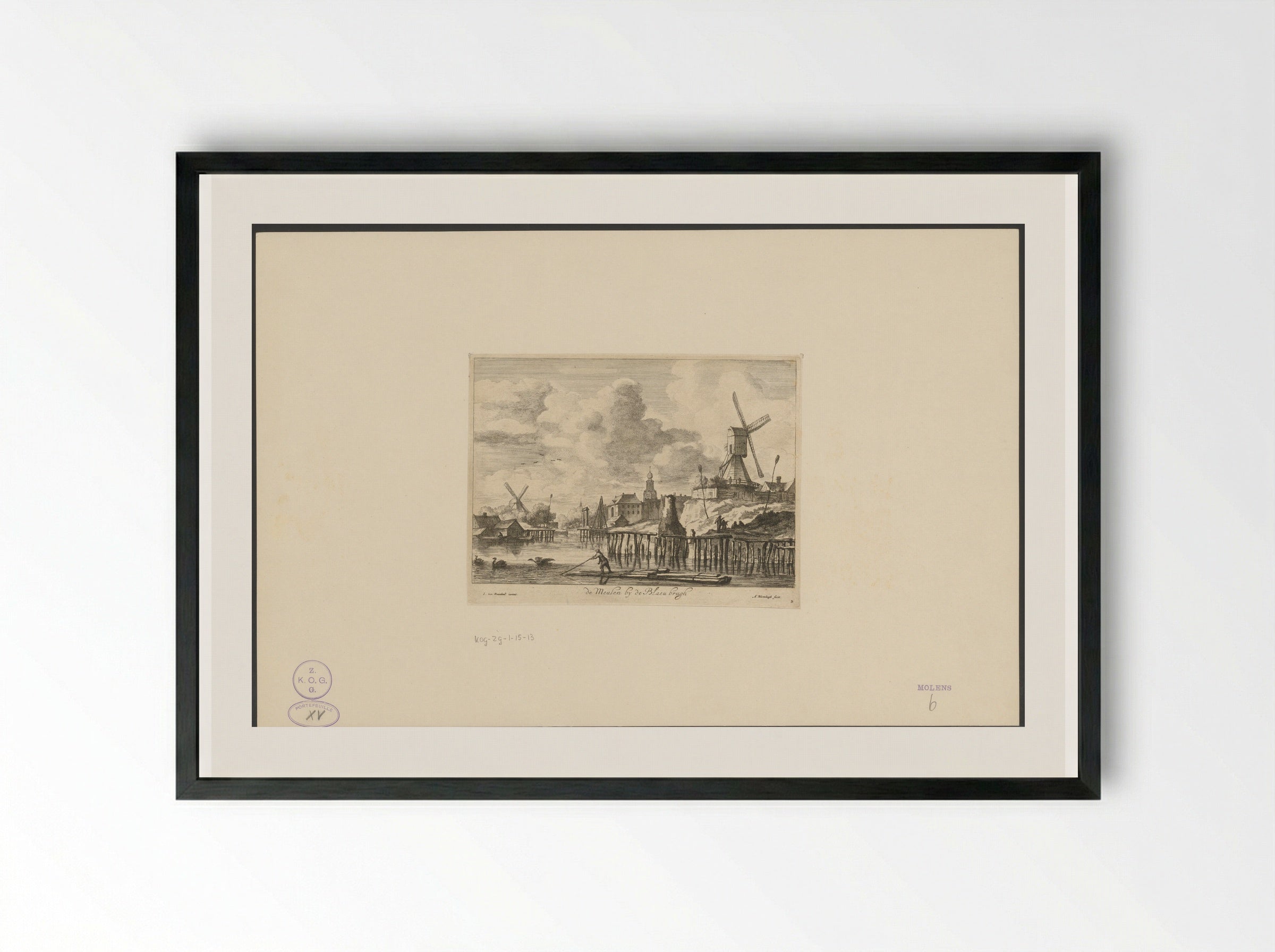 Windmolen bij de Blauwbrug in Amsterdam - Abraham Bloteling - Framed Print Black