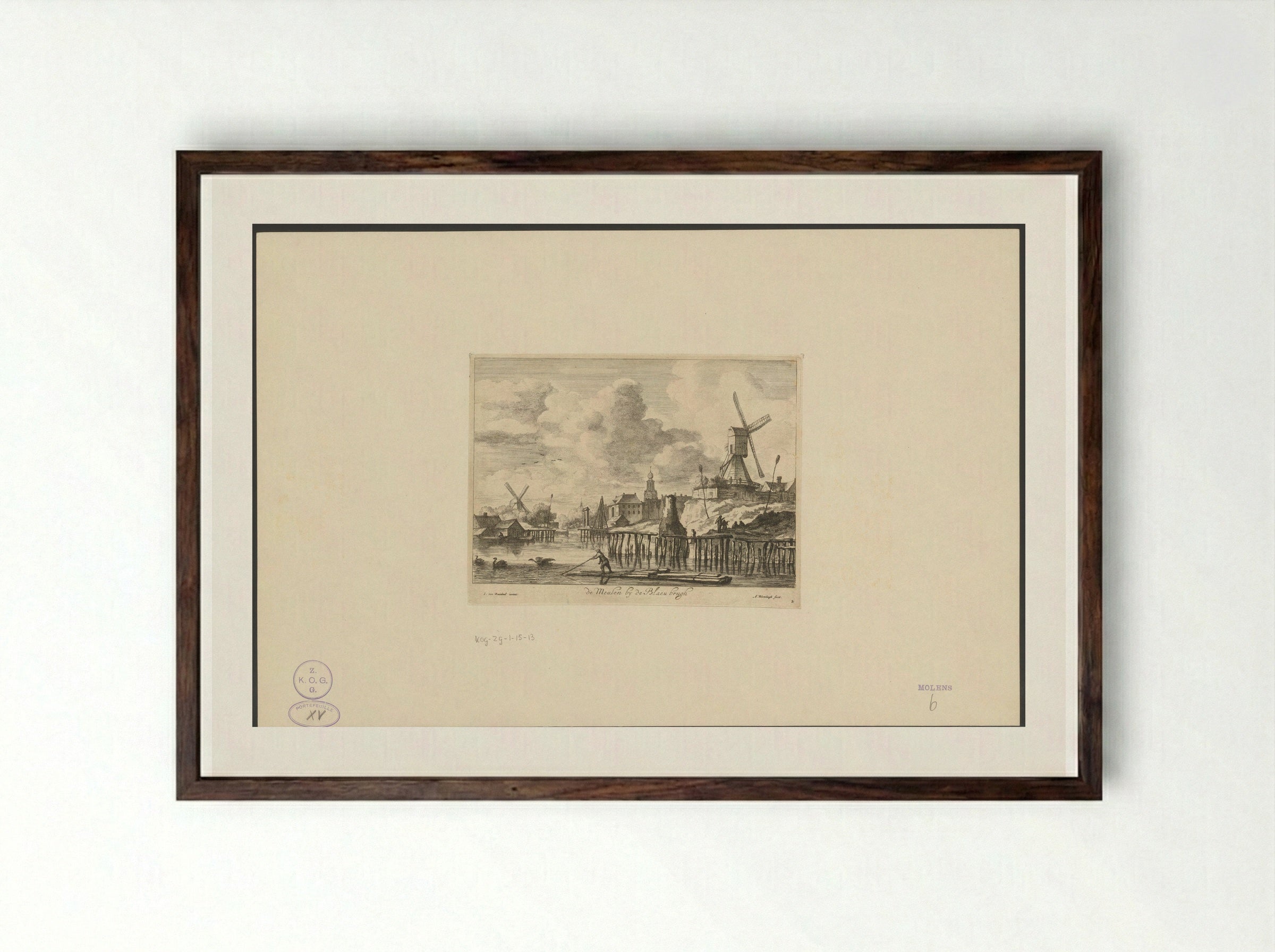 Windmolen bij de Blauwbrug in Amsterdam - Abraham Bloteling - Framed Print Dark Wood