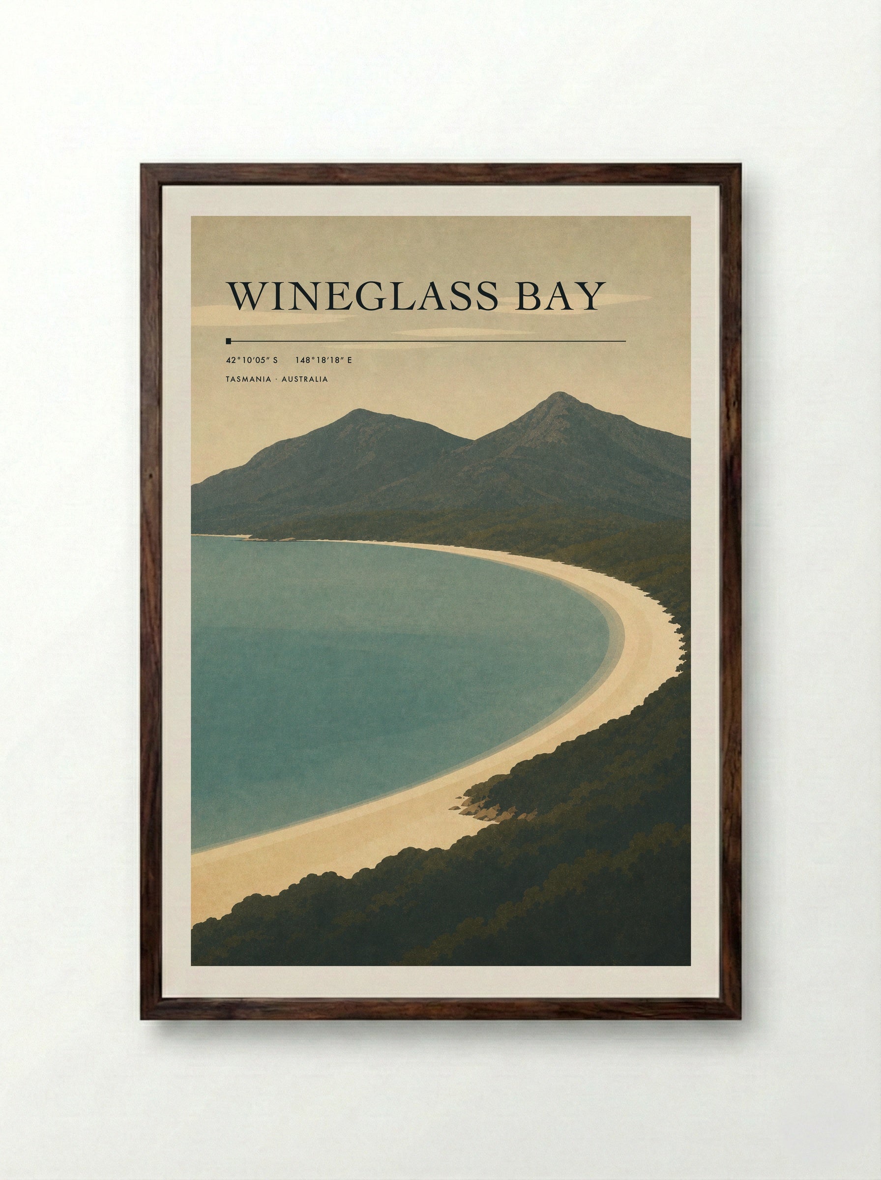 Wineglass Bay Travel Poster Artwork - Framed Print Dark Wood