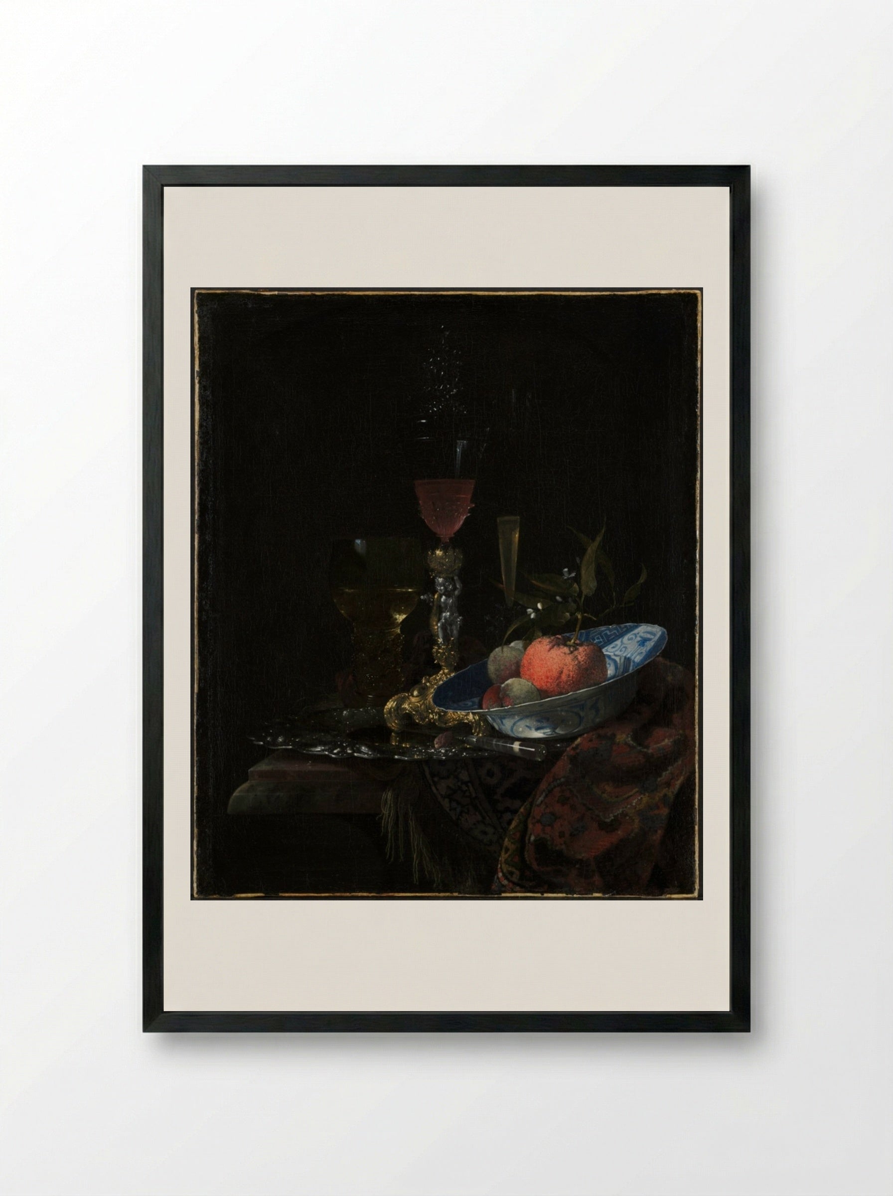 Wineglass and a Bowl of Fruit - Willem Kalf - Framed Print Black