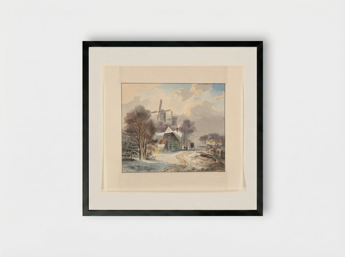 Winter Landscape with Farms and Windmills - Johannes van Reijn - Framed Print Black