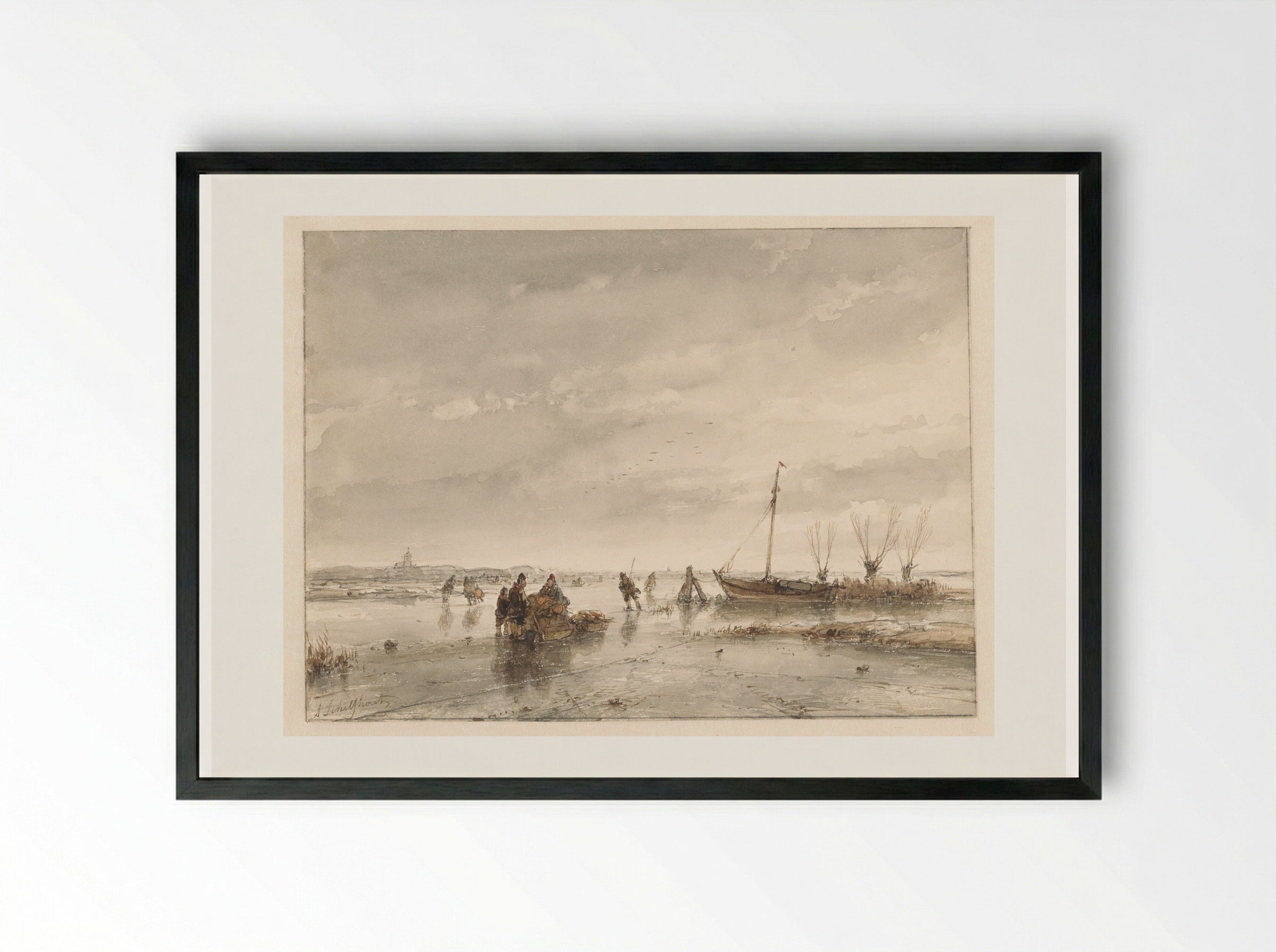 Winter Landscape with Frozen Lake - Andreas Schelfhout - Framed Print Black
