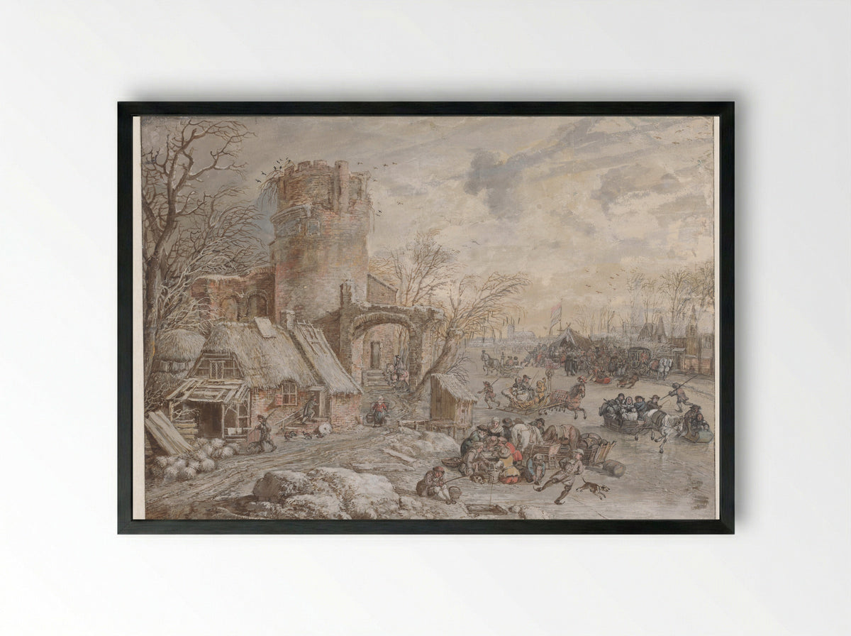 Winter Landscape with Ice Entertainment - Gerrit Battem - Framed Print Black