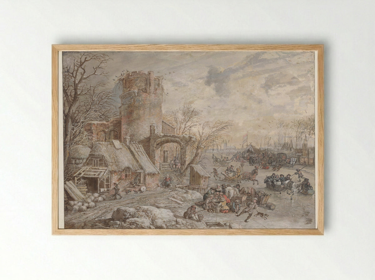 Winter Landscape with Ice Entertainment - Gerrit Battem - Framed Print Wood