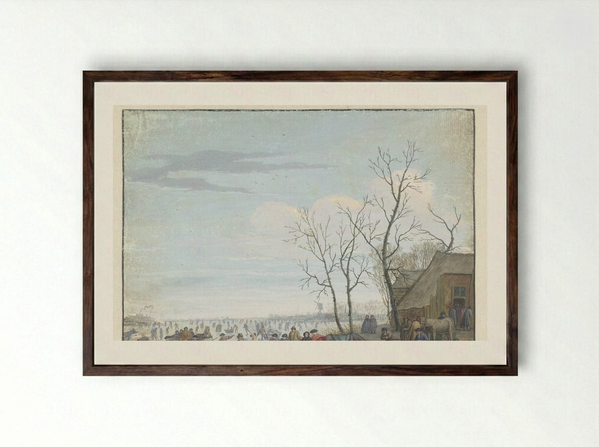 Winter Landscape with Ice Skating - Louis Chalon - Framed Print Dark Wood