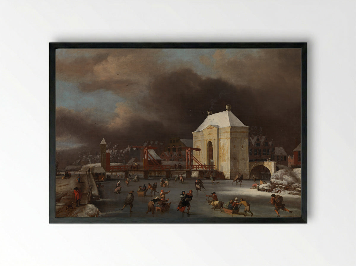 Winter Scene with a Drawbridge and Skaters - Bernhard van Kessel - Framed Print Black