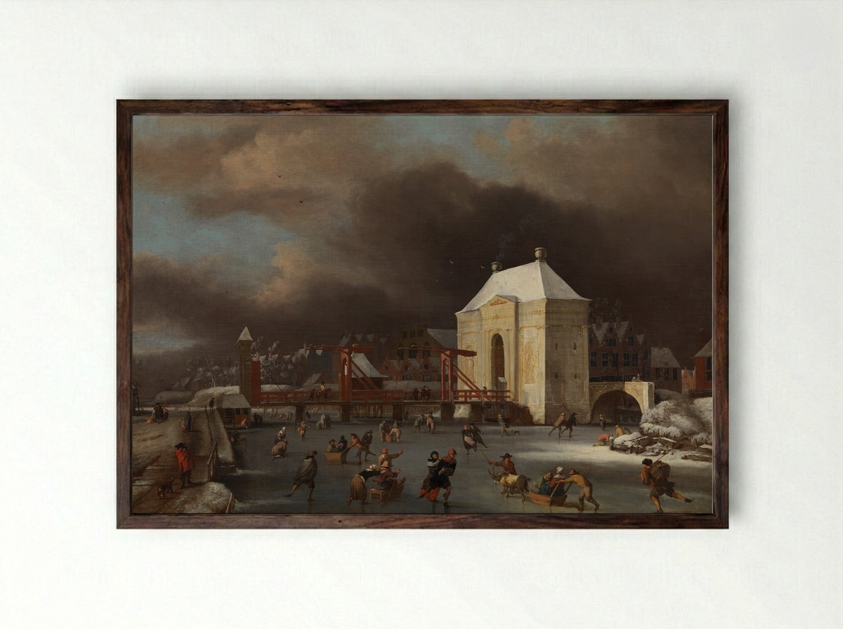 Winter Scene with a Drawbridge and Skaters - Bernhard van Kessel - Framed Print Dark Wood