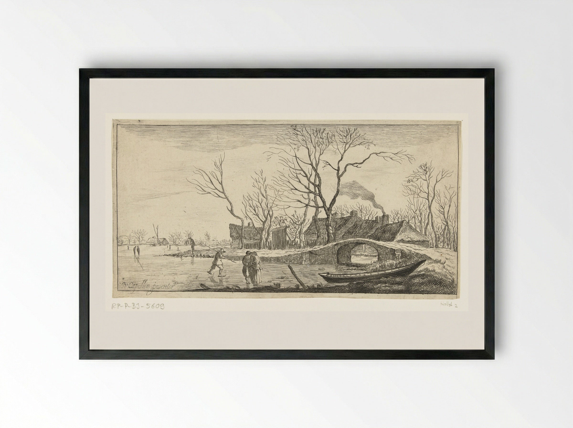 Winter Scene with a Stone Bridge - Jan van de Cappelle - Framed Print Black
