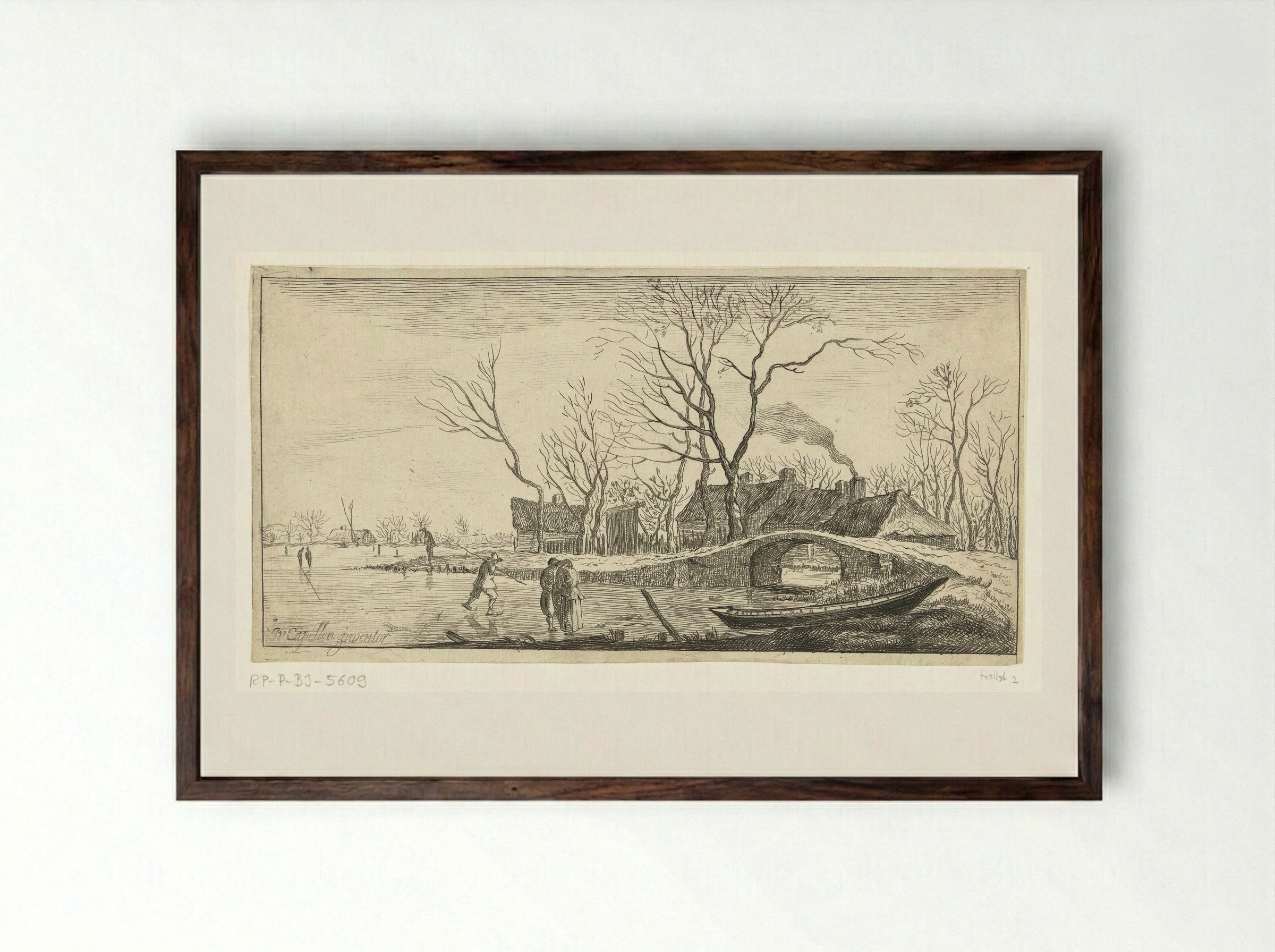 Winter Scene with a Stone Bridge - Jan van de Cappelle - Framed Print Dark Wood