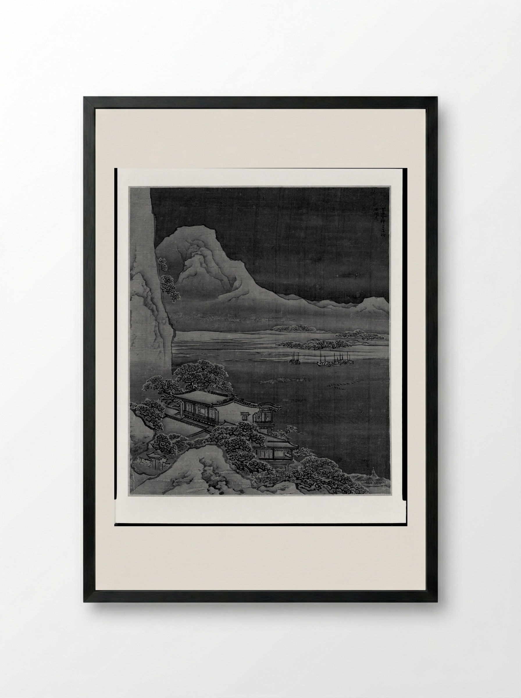 Winter Scene: Mountains and Lakeside Lodge in Snow - Yuan Yao - Framed Print Black